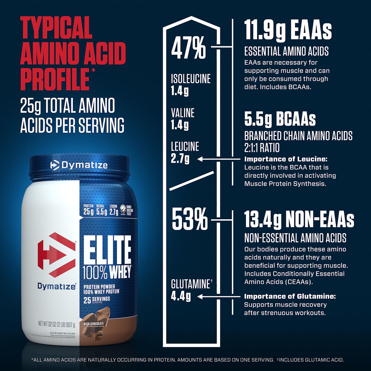 Dymatize Elite 100% Whey Protein Powder, 25g Protein, 5.5g BCAAs & 2.7g L-Leucine