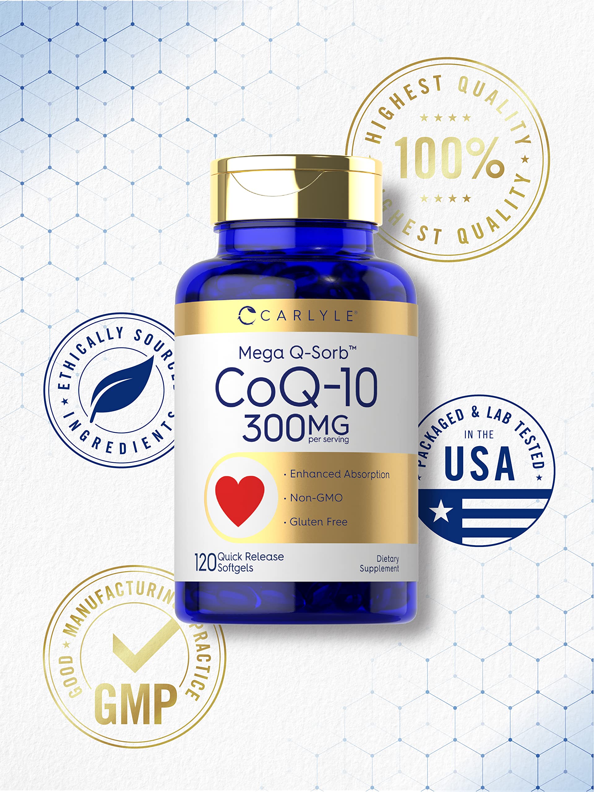 Carlyle CoQ10 300mg | 120 Softgels | Mega Q-Sorb Coenzyme Q-10 | with Black Pepper Carlyle