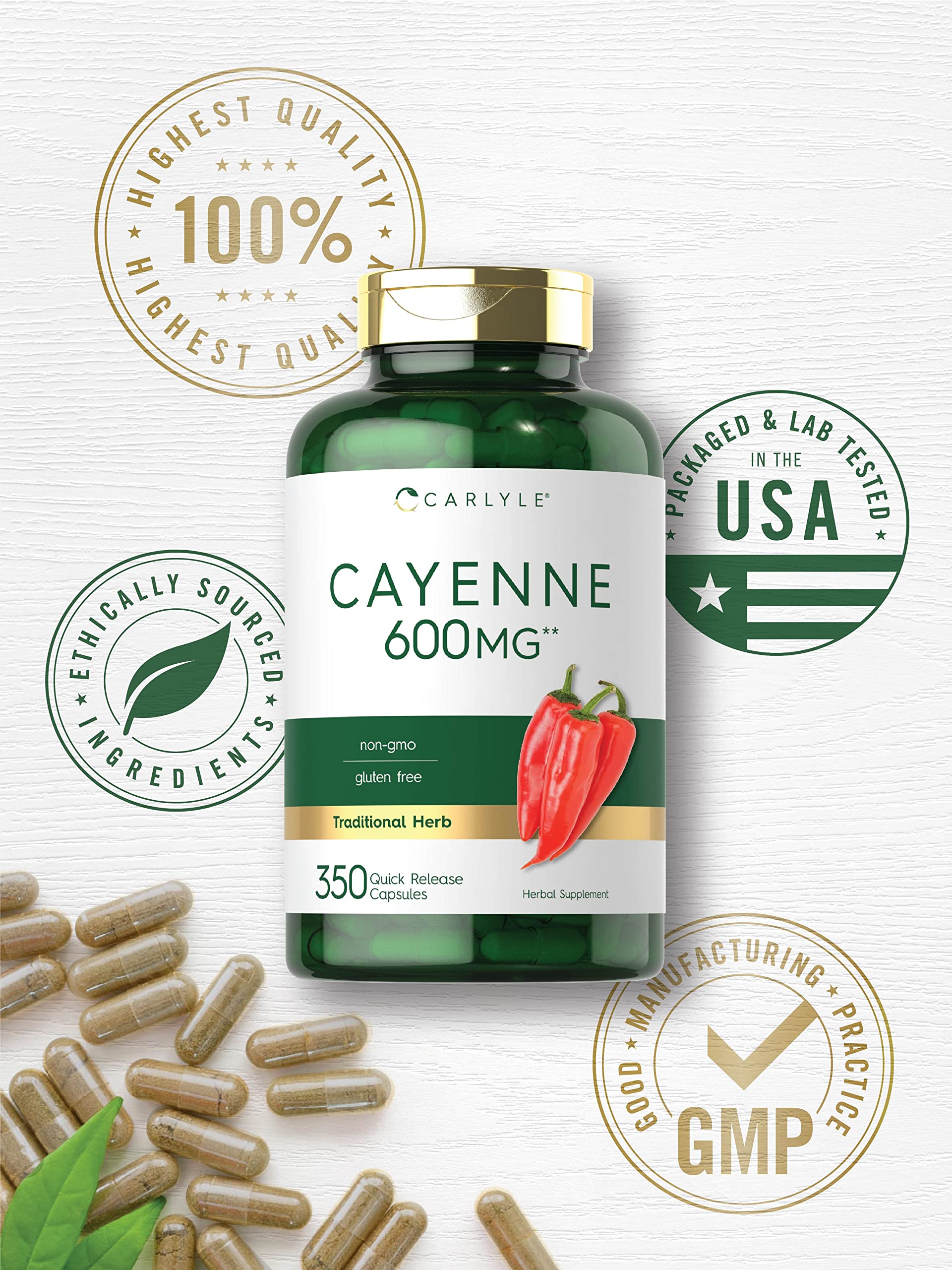 Carlyle Cayenne Pepper Capsules 600mg | 350 Pills | Non-GMO, Gluten Free Supplement Carlyle