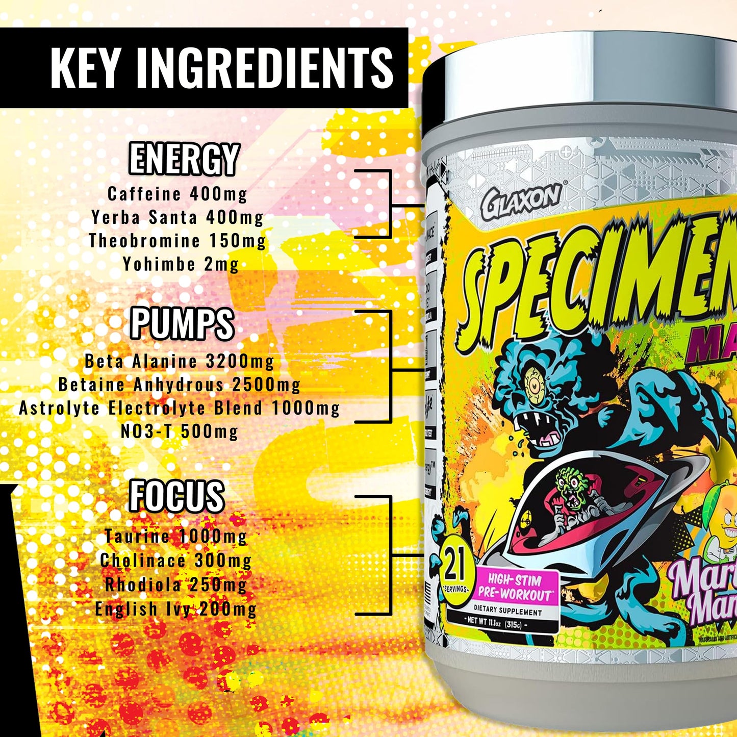 Glaxon Specimen Max High Stim Pre-Workout | 400mg Caffeine + 3200mg Beta Alanine for Maximum Energy, Pump & Focus | 21 Servings (Martian Mango)