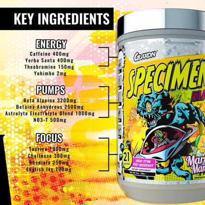 Glaxon Specimen Max High Stim Pre-Workout | 400mg Caffeine + 3200mg Beta Alanine for Maximum Energy, Pump & Focus | 21 Servings (Martian Mango)