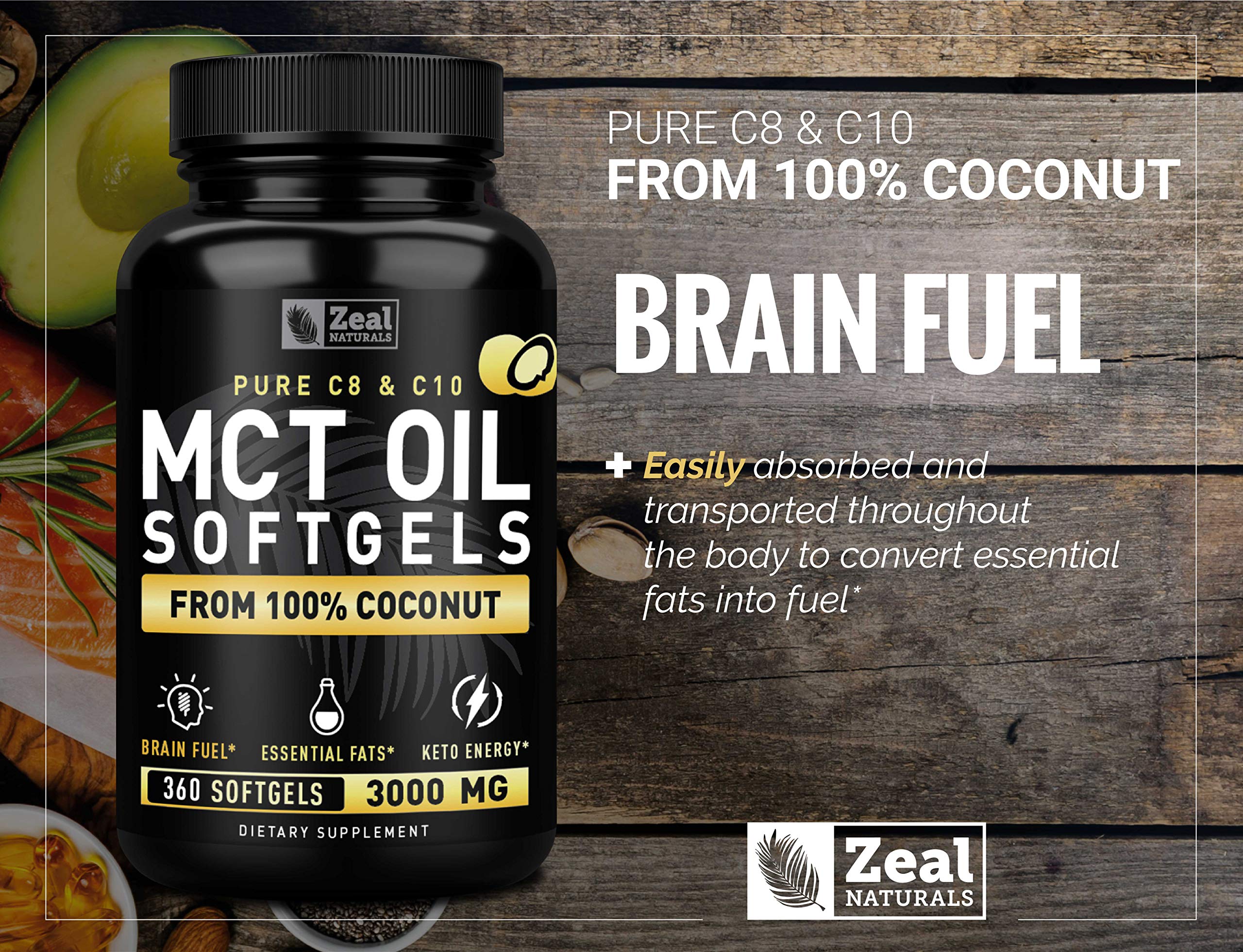 Pure MCT Oil Capsules (360 Softgels | 3000mg) 4 Month Supply Keto Pills w Unrefined Coconut Zeal Naturals