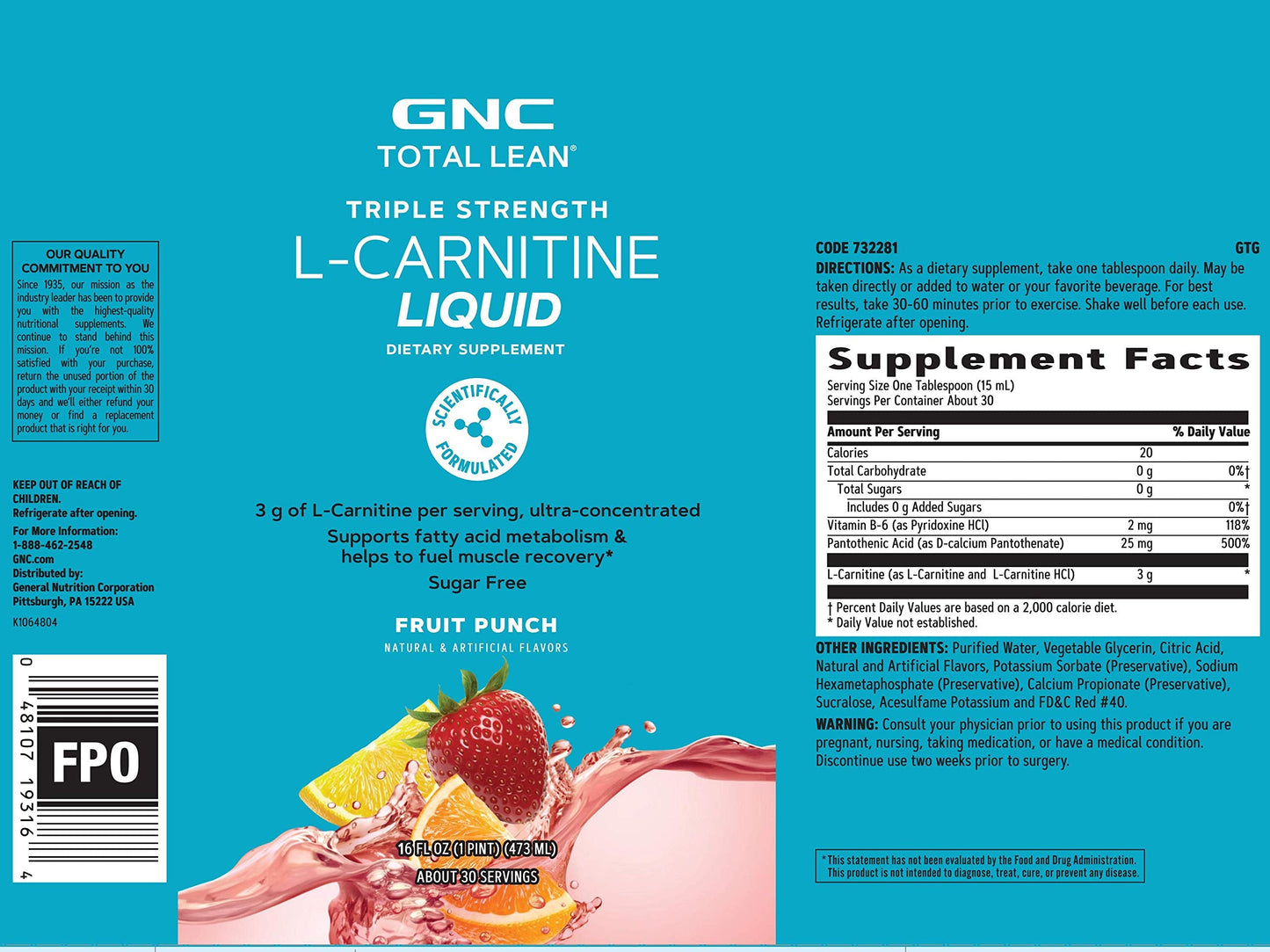 GNC Total Lean Triple Strength L-Carnitine Liquid | Supports Fatty Acid Metabolism