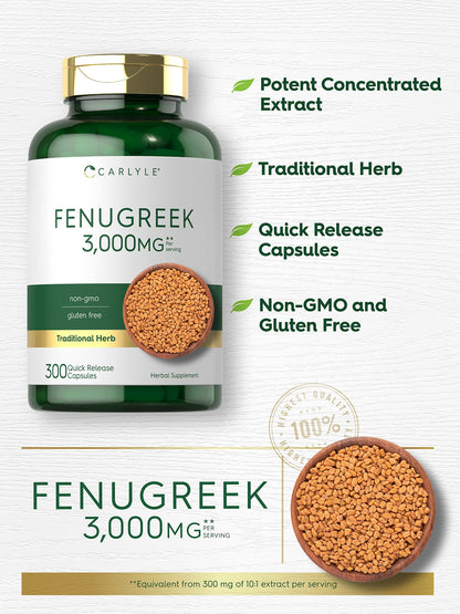 Carlyle Fenugreek Capsules 3000 mg | 300 Count | Non-GMO & Gluten Free Extract