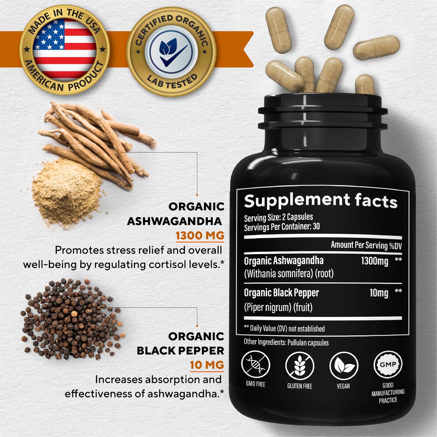 VitaUp Organic Ashwagandha Capsules 1310 mg - USA Made Ashwagandha Supplements