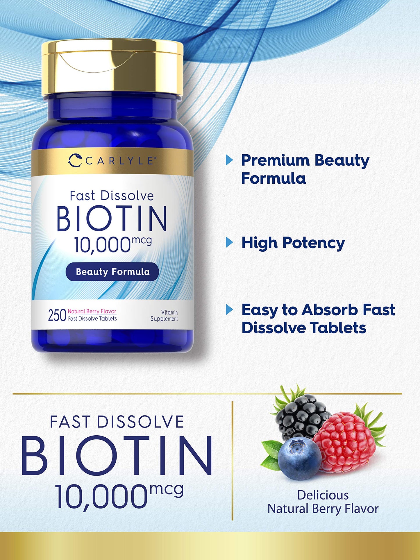 Carlyle Biotin 10000mcg | 250 Fast Dissolve Tablets | Max Strength | Vegetarian, Non-GMO