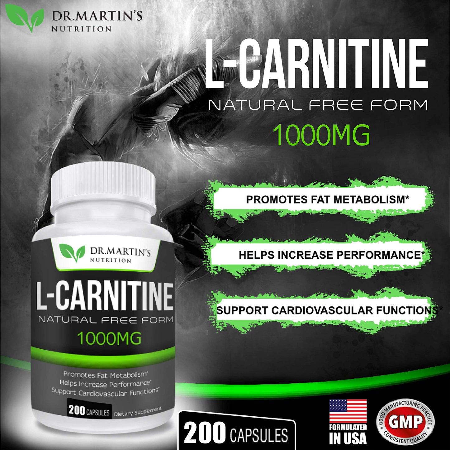 DR. MARTIN'S NUTRITION Extra Strength L-Carnitine - 200 Capsules - 1000mg Per Serving