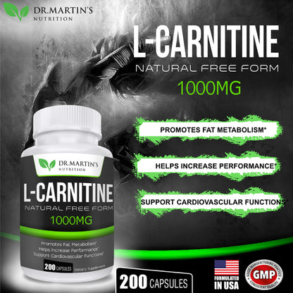 DR. MARTIN'S NUTRITION Extra Strength L-Carnitine - 200 Capsules - 1000mg Per Serving