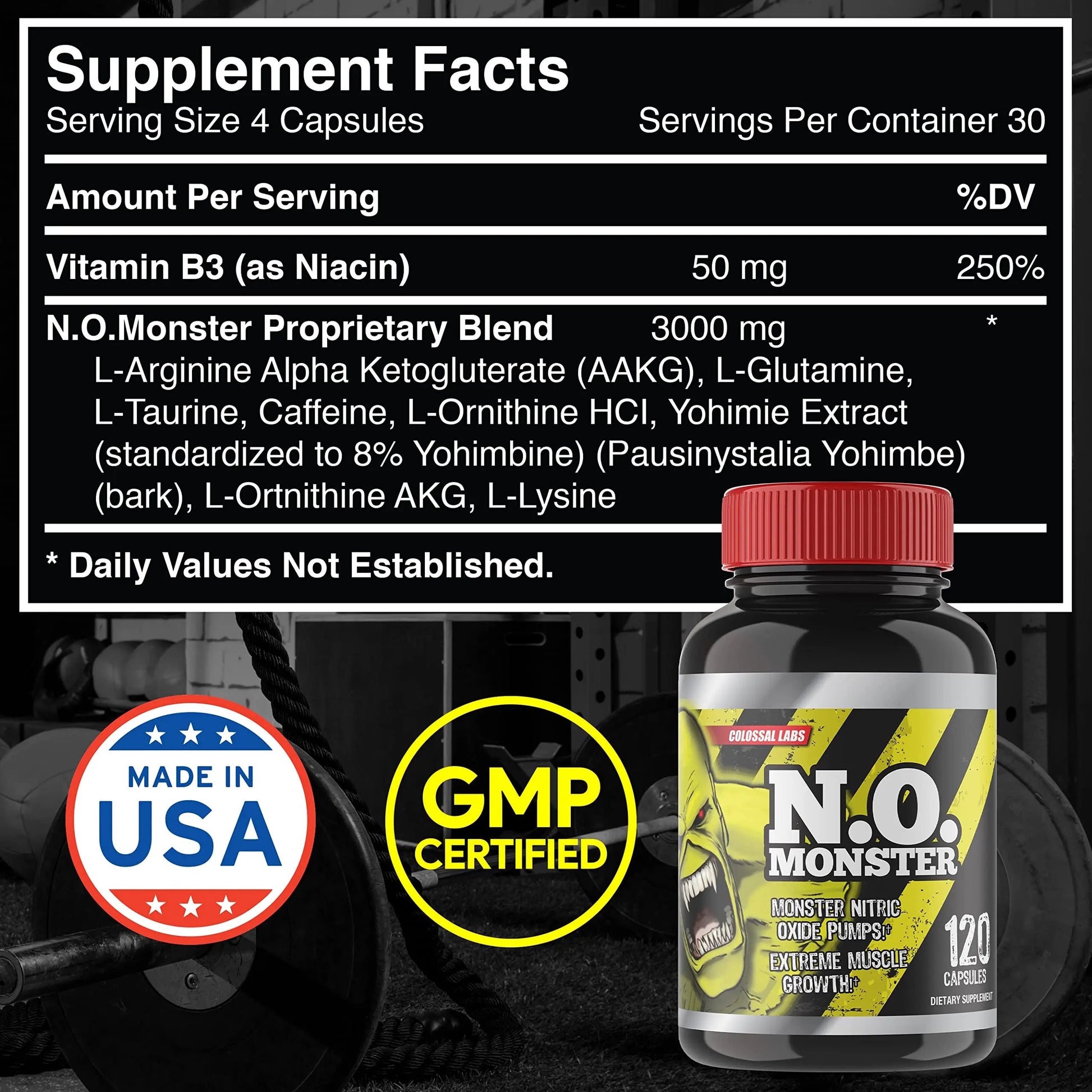 Colossal Labs Nitric Oxide Booster with L-Arginine, Extreme Pumps to Build Strength and Muscle, Pre-Workout, 120 Capsules per Bottle