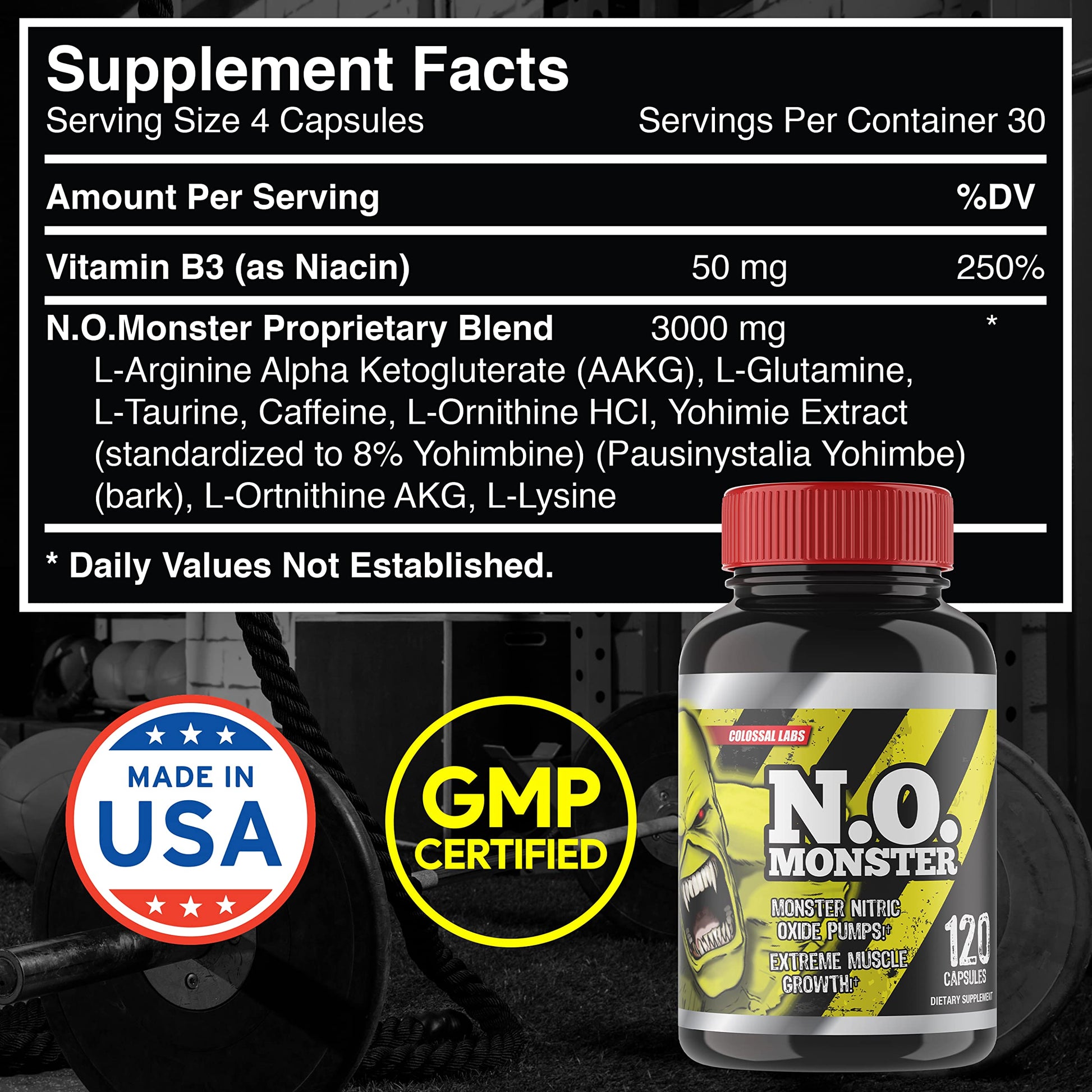 Colossal Labs Nitric Oxide Booster with L-Arginine, Extreme Pumps to Build Strength and Muscle, Pre-Workout, 120 Capsules per Bottle