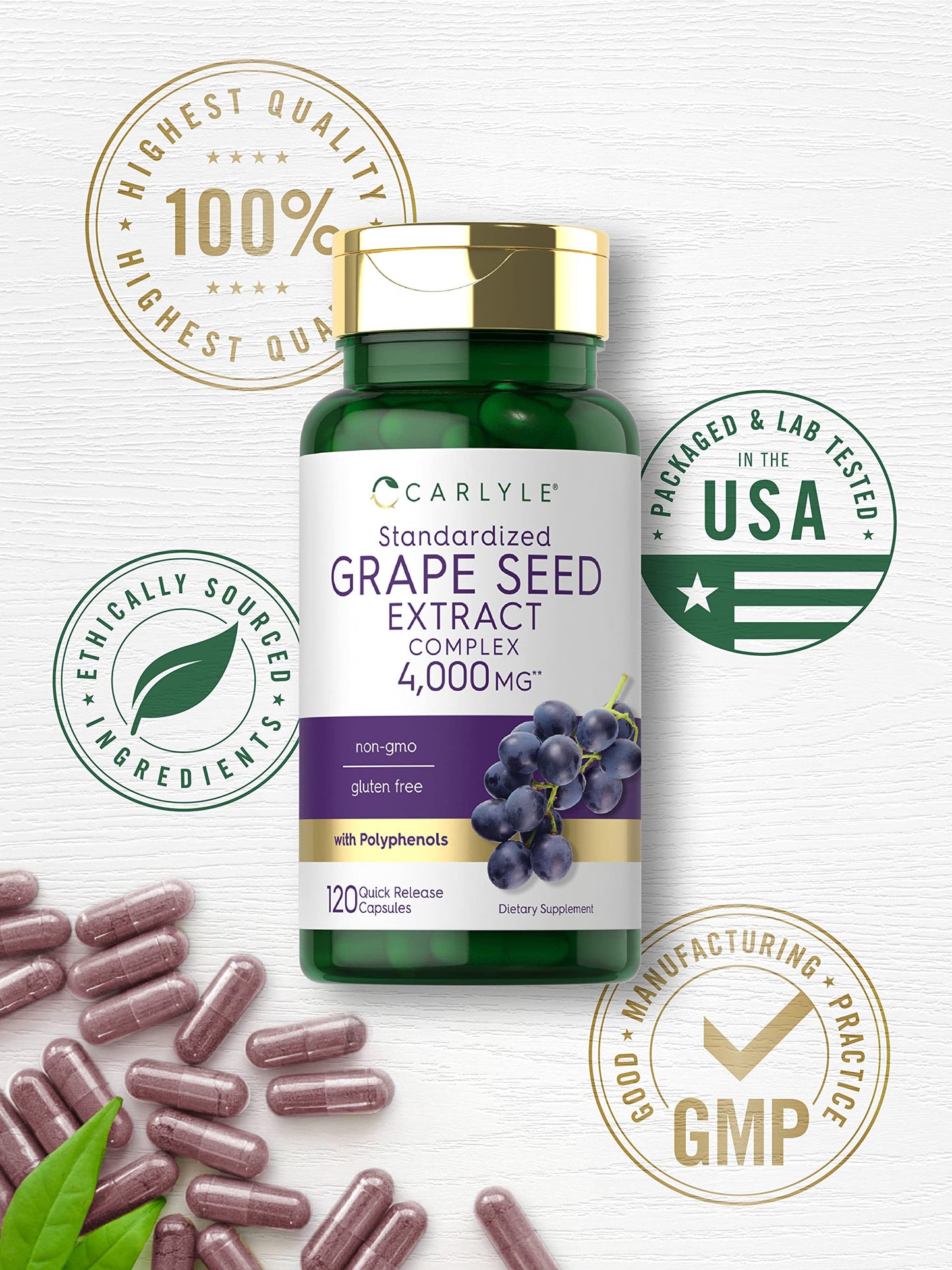 Carlyle Grape Seed Extract 4,000mg | 120 Quick Release Capsules | Standardized Extract