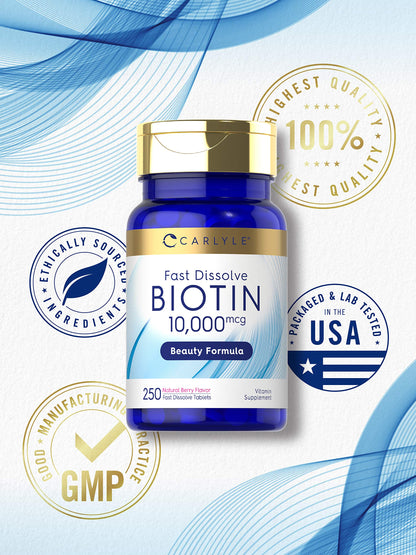Carlyle Biotin 10000mcg | 250 Fast Dissolve Tablets | Max Strength | Vegetarian, Non-GMO