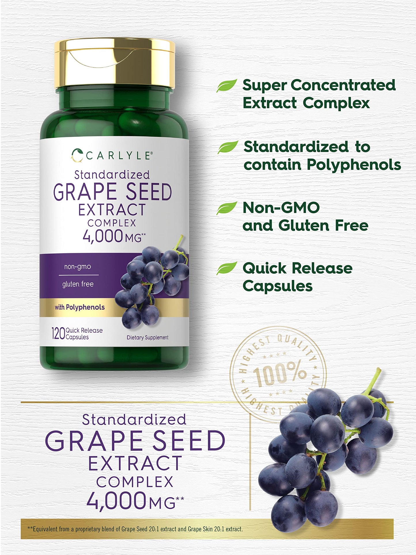 Carlyle Grape Seed Extract 4,000mg | 120 Quick Release Capsules | Standardized Extract