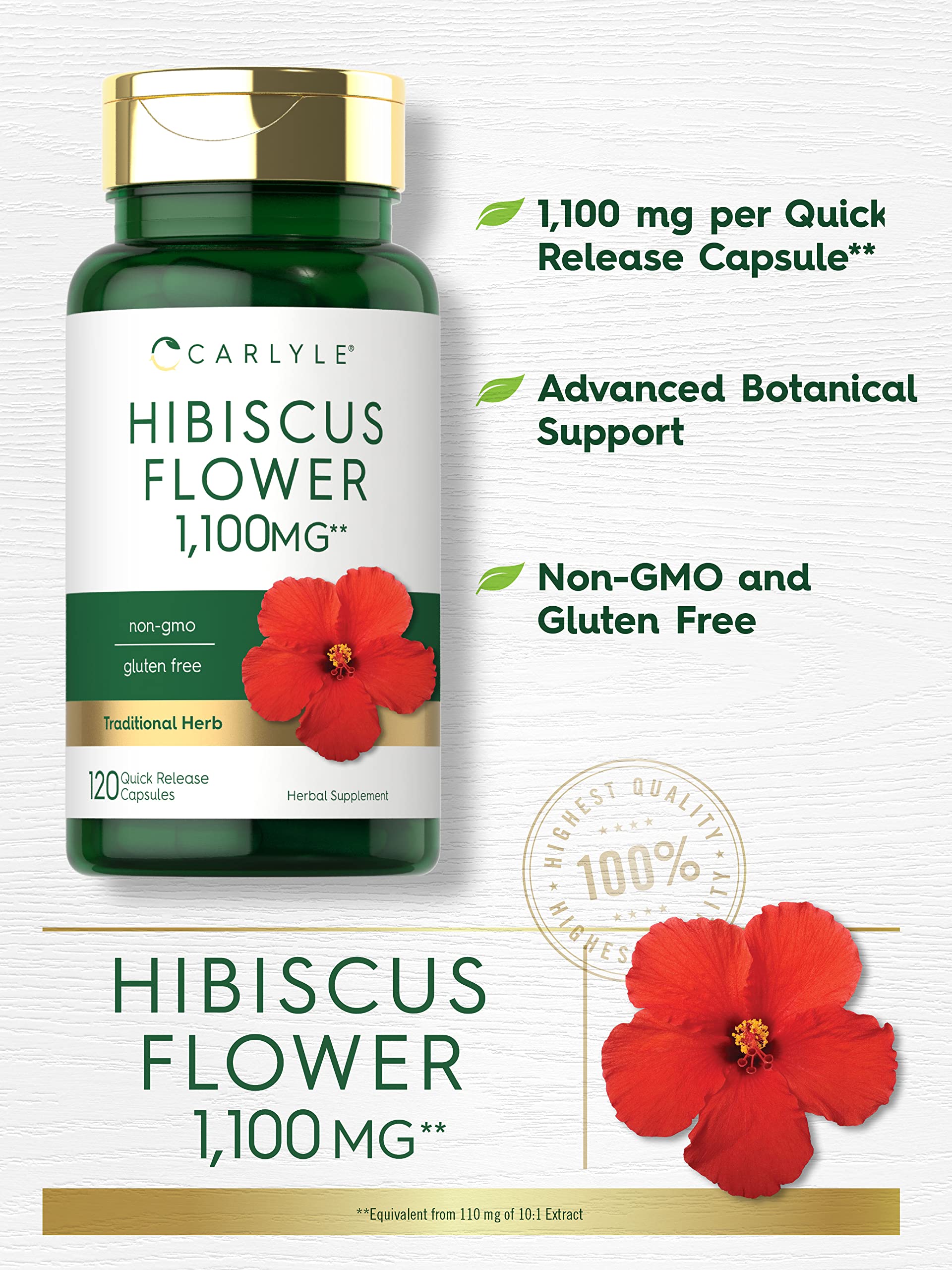 Hibiscus Flower Extract 1100 mg | 120 Capsules | Non-GMO, Gluten Free Supplement Carlyle