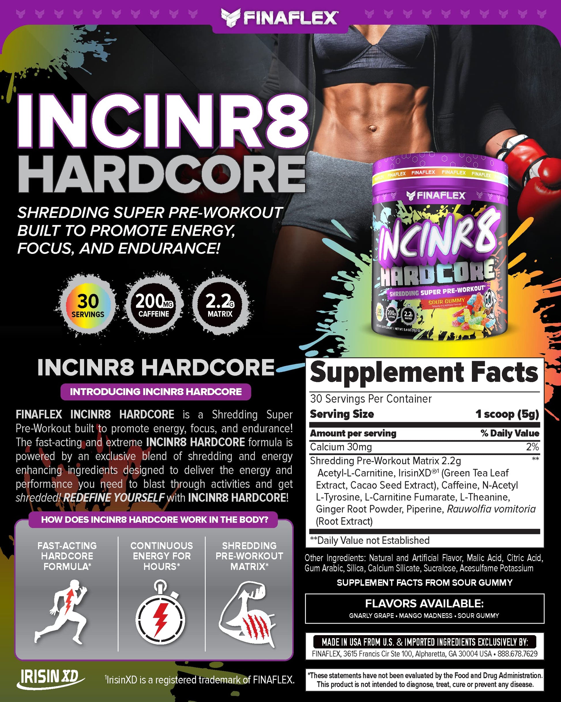 FINAFLEX INCINR8 Hardcore, Sour Gummy - 5.4 oz (30 Servings) - Energy, Focus & Endurance for Men & Women - with Caffeine