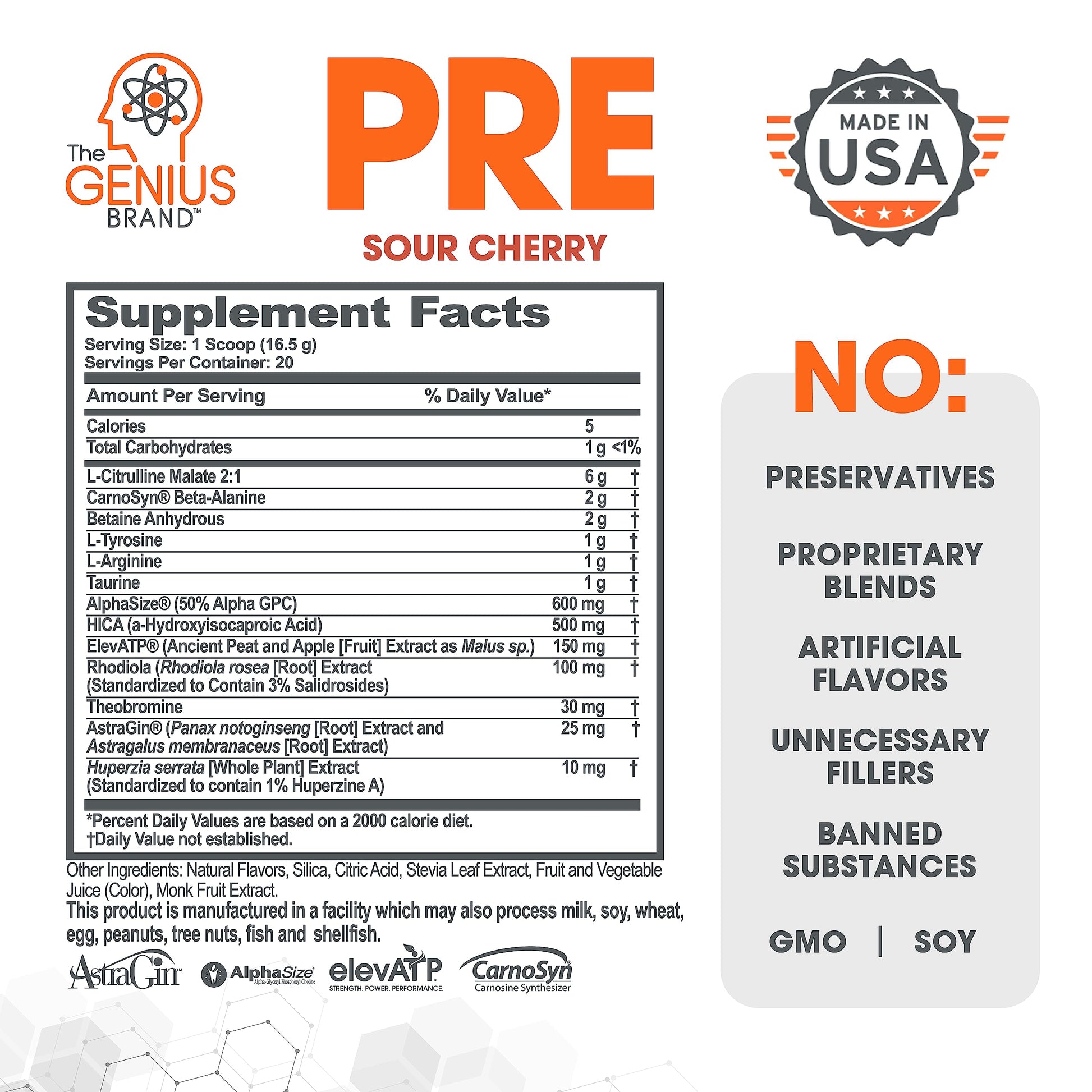 Genius Pre Workout Powder, Sour Cherry, and Genius Micronized Creatine Monohydrate Powder, Unflavored, All Natural Nootropic Pre Workout and Post Workout Supplement Stack
