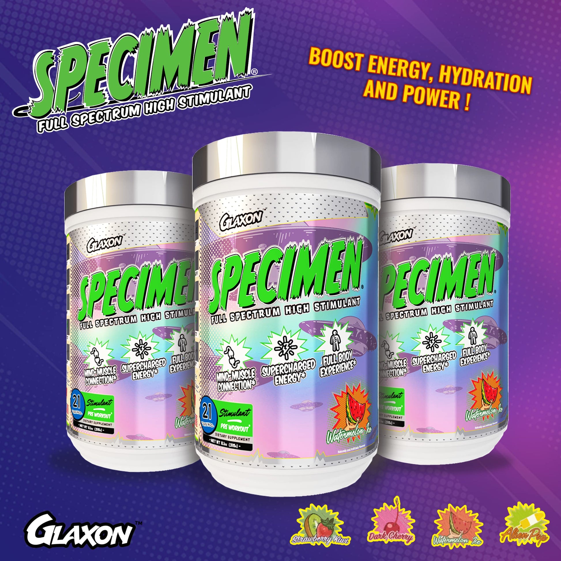 Glaxon Specimen High Stimulant Pre Workout Powder, Preworkout with 300mg Caffeine and 3200mg Beta Alanine Per Serving for Workout-Dominating Energy, Focus, and Pump (Alien Pop)