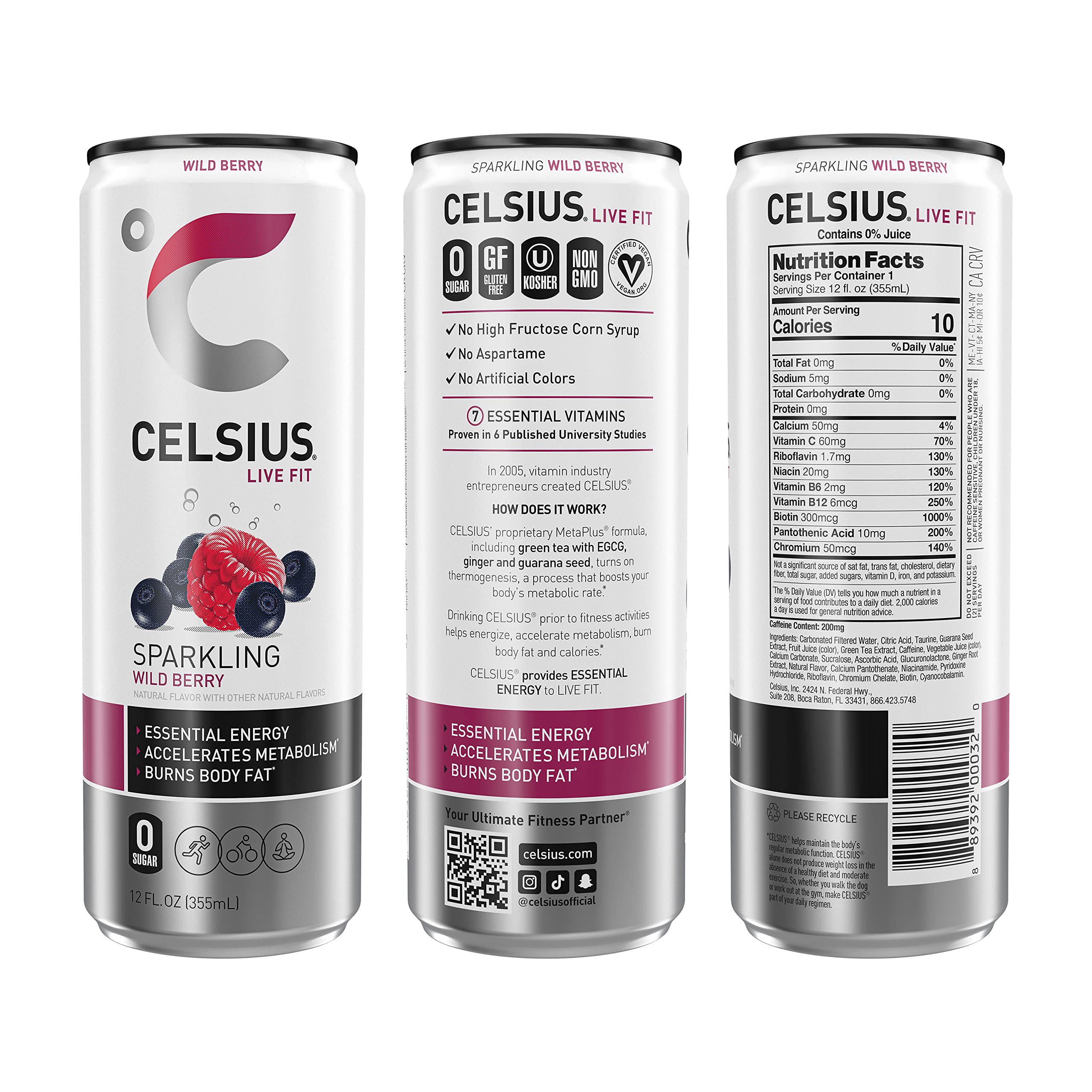 CELSIUS Sparkling Wild Berry, Functional Essential Energy Drink 12 Fl Oz (Pack of 12) CELSIUS