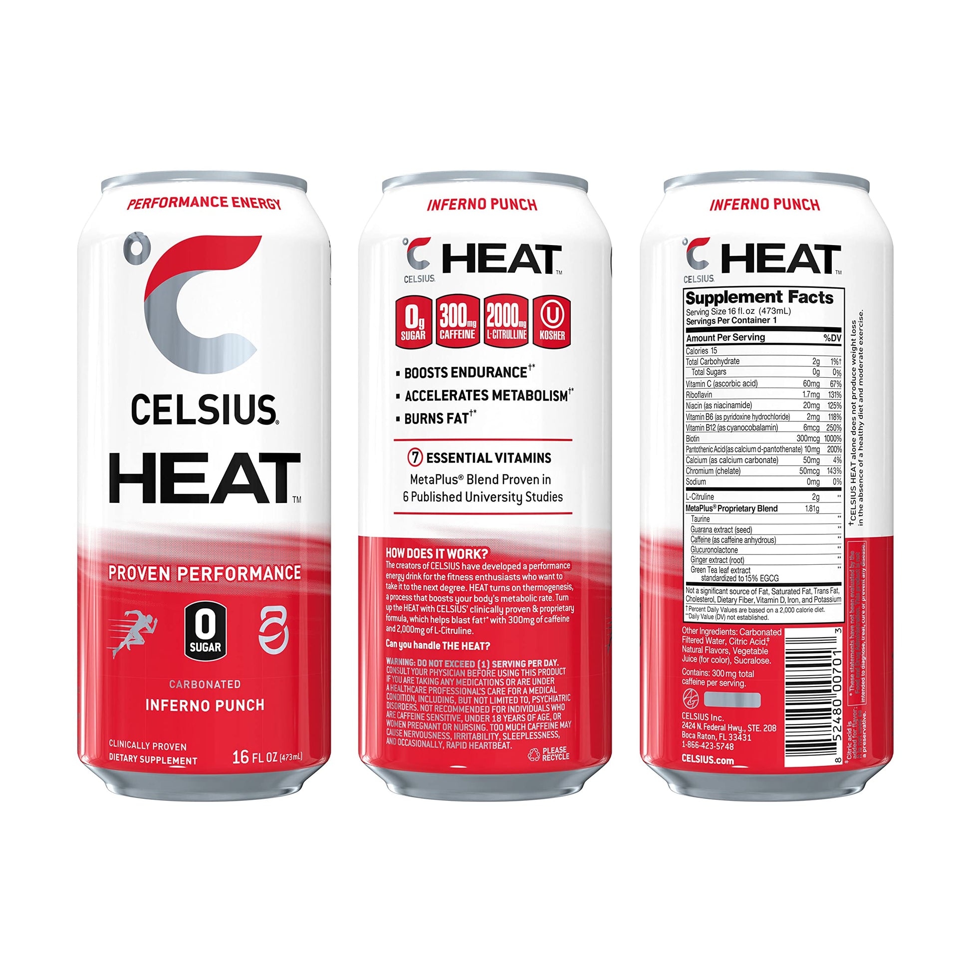 CELSIUS HEAT Inferno Punch Performance Energy Drink, Zero Sugar, 16oz. Can (Pack of 12) CELSIUS
