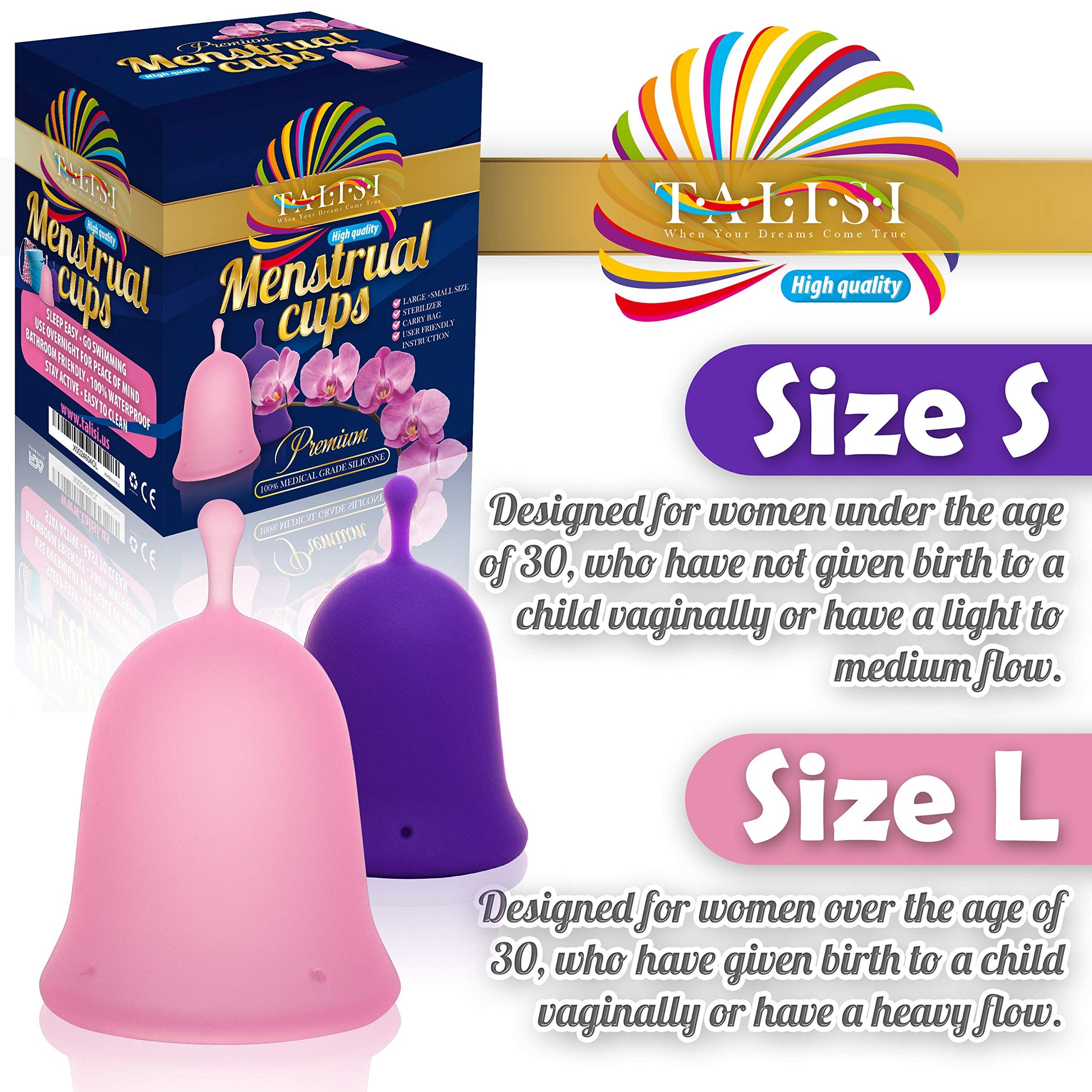 Talisi Menstrual Cups Set of 2 with Collapsible Silicone Sterilizer - Soft & Flexible Sensitive Feminine TALISI WHEN YOUR DREAMS COME TRUE