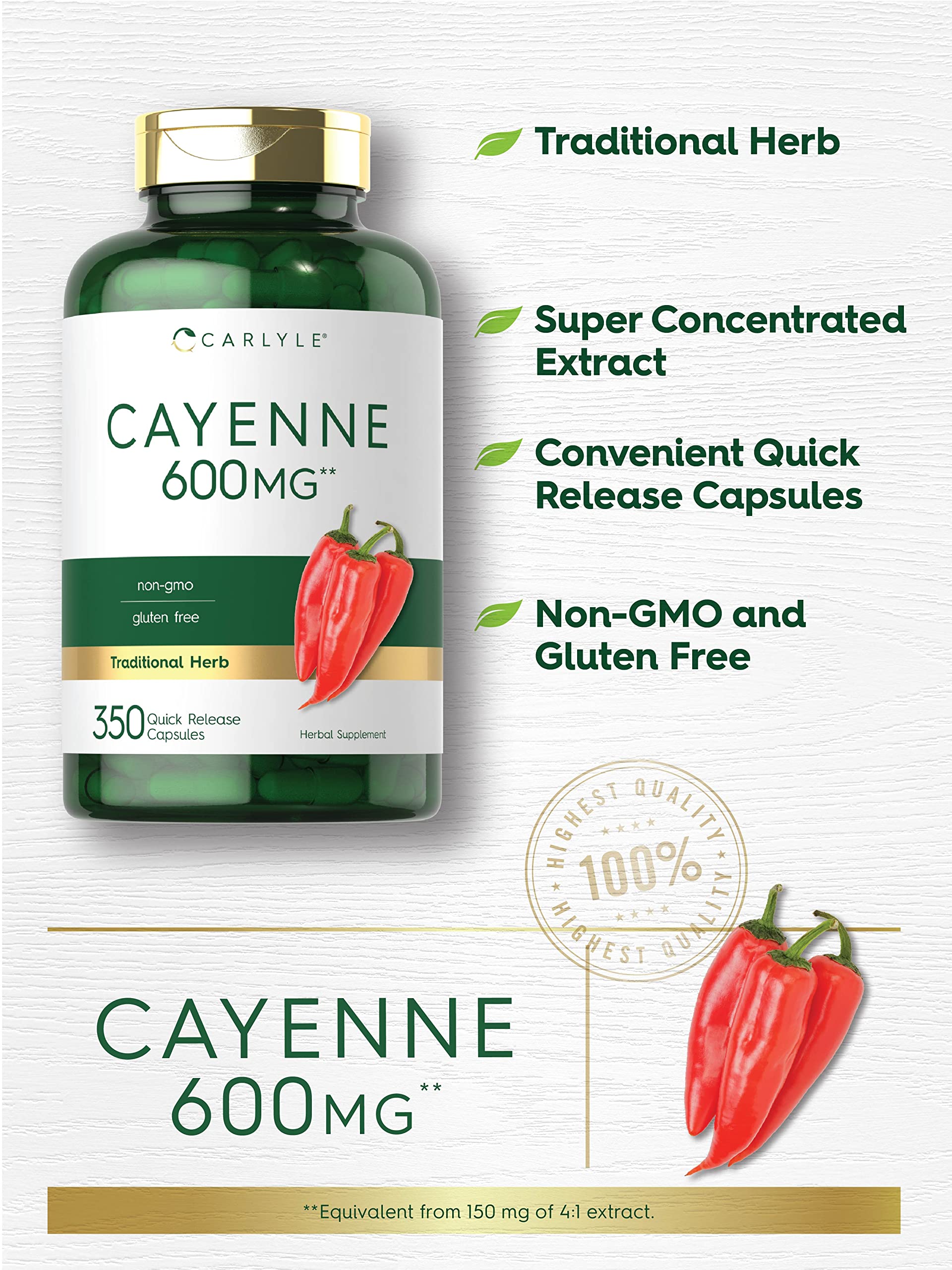 Carlyle Cayenne Pepper Capsules 600mg | 350 Pills | Non-GMO, Gluten Free Supplement Carlyle