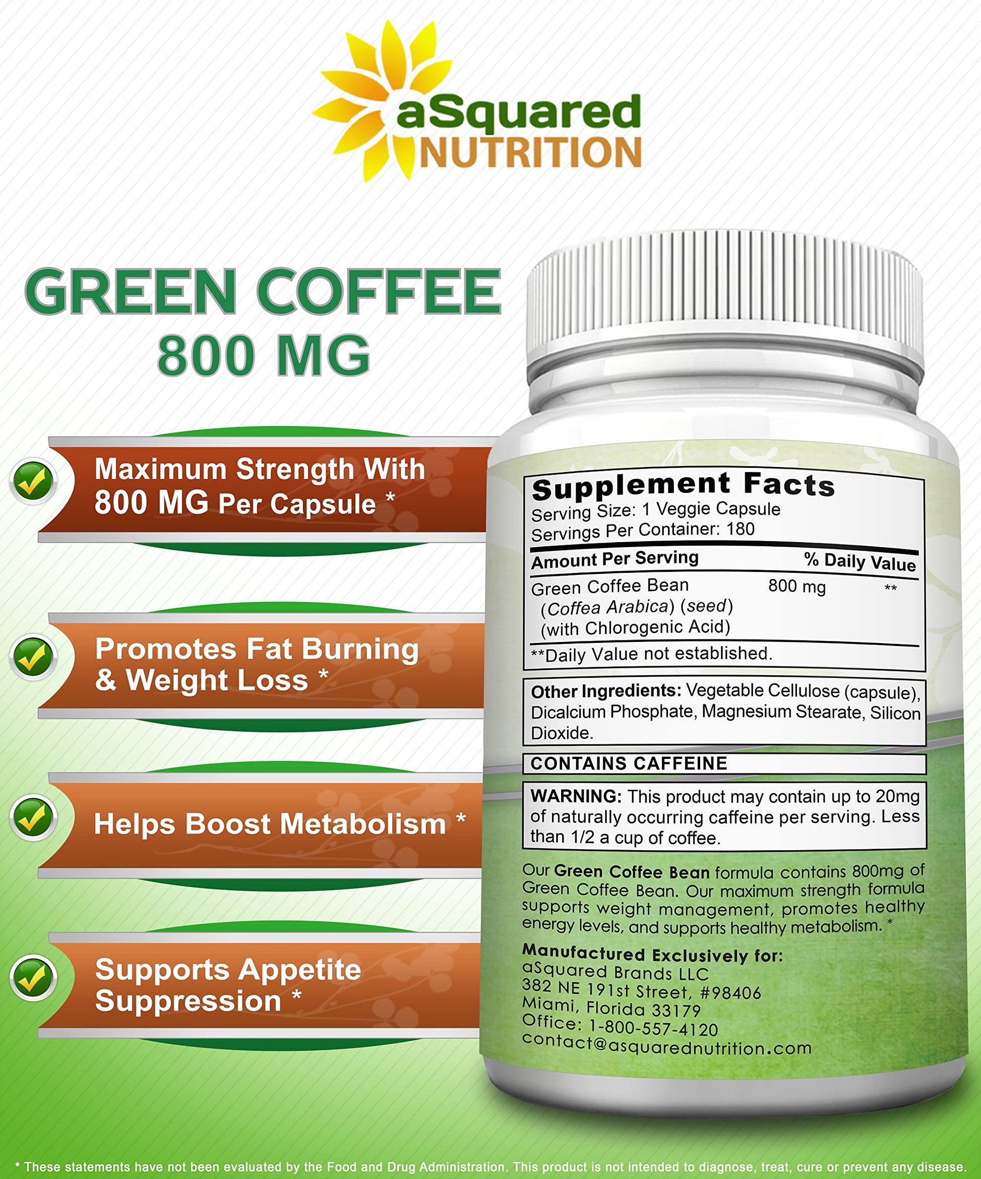 aSquared Nutrition Natural Green Coffee Bean Formula-180 Capsules-Max Strength GCA aSquared Nutrition
