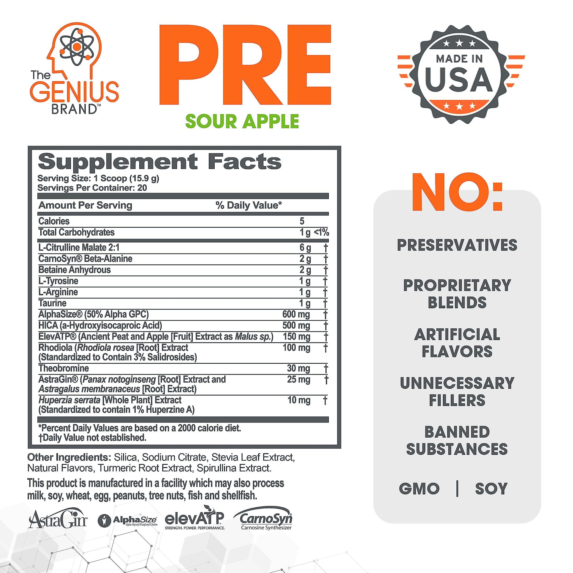 Genius Pre Workout Powder, Sour Apple, and Genius Micronized Creatine Monohydrate Powder, Unflavored, All Natural Nootropic Pre Workout and Post Workout Supplement Stack
