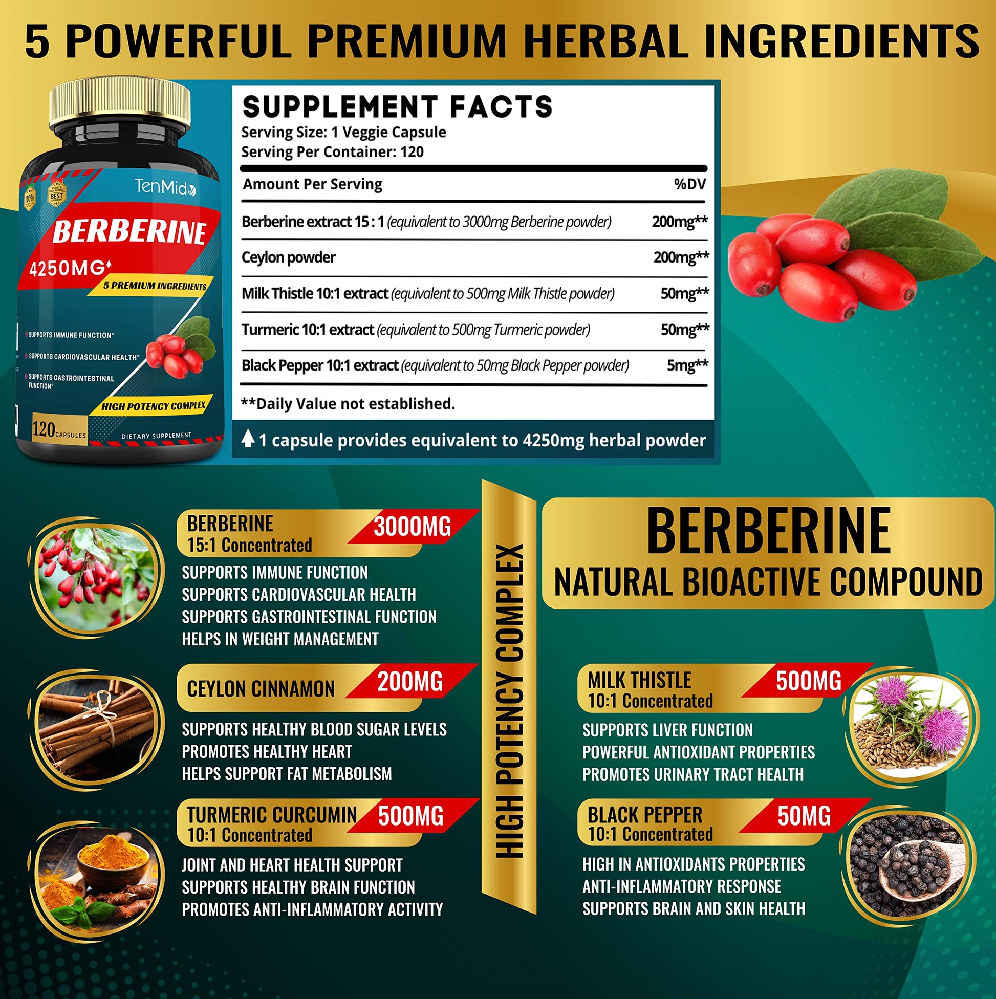 Berberine Extract Capsules 4250mg, 4 Months Supply & Ceylon, Milk Thistle, Turmeric Tenmido