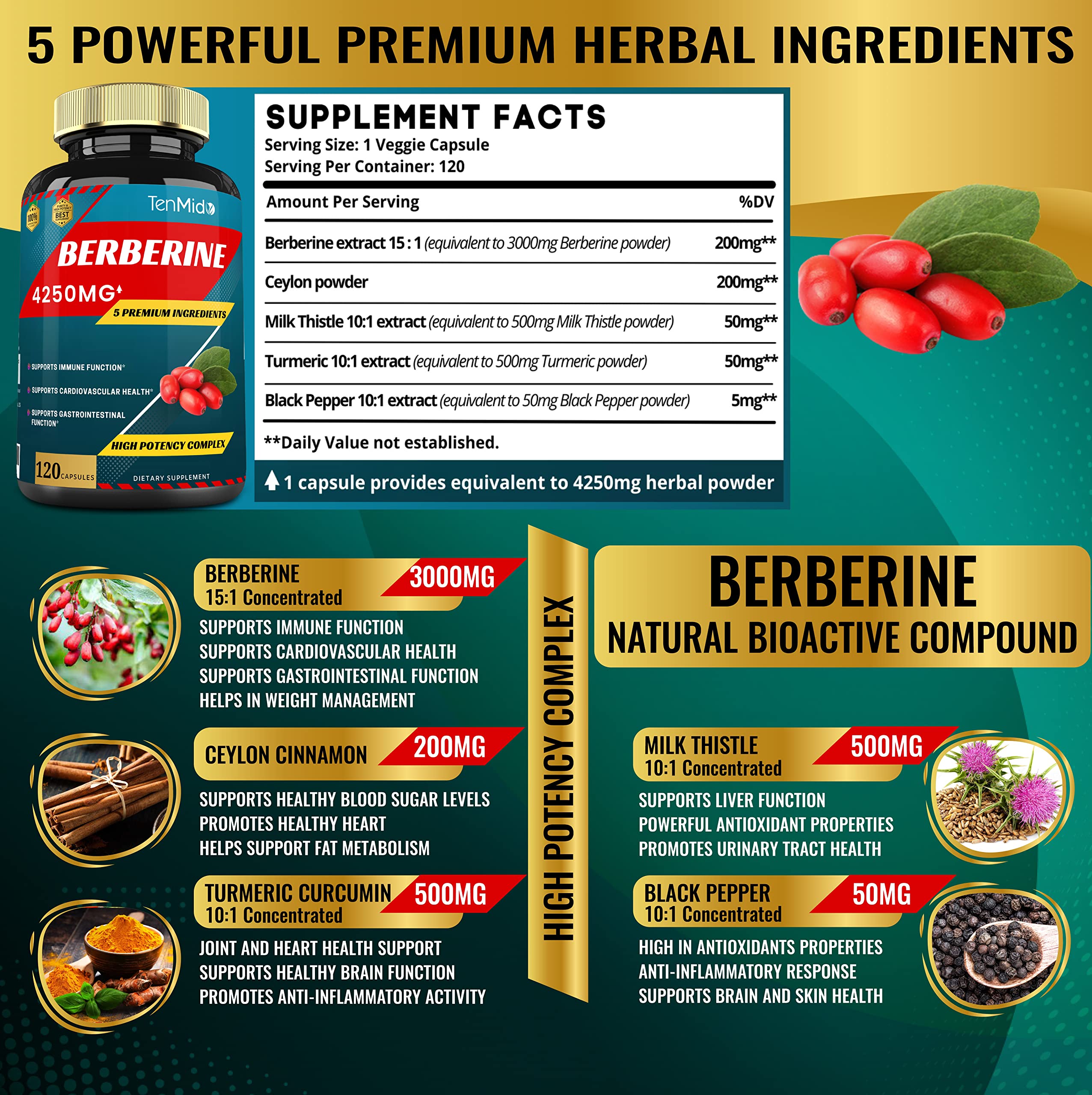 Berberine Extract Capsules 4250mg, 4 Months Supply & Ceylon, Milk Thistle, Turmeric Tenmido