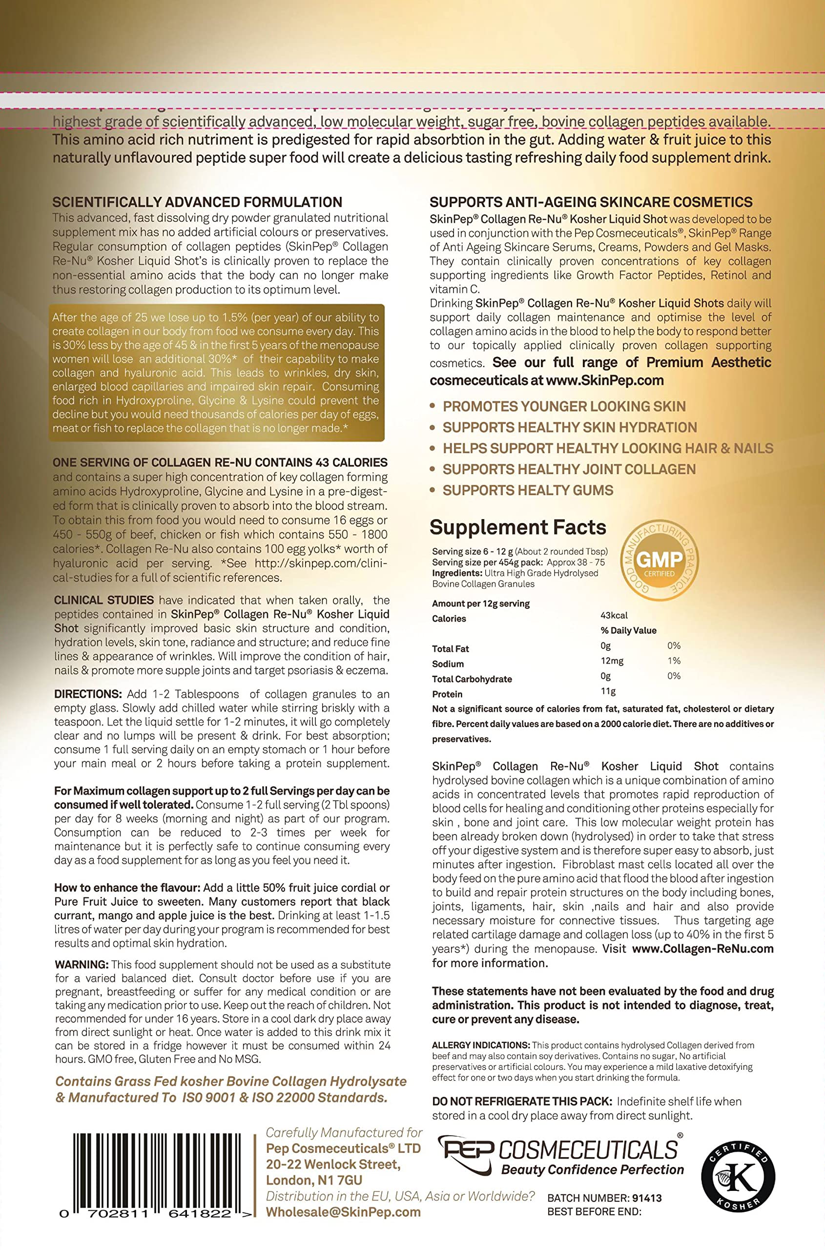 Collagen Powder, Ultra Premium Hydrolysed Bovine Collagen Peptides by SkinPep Skin Pep