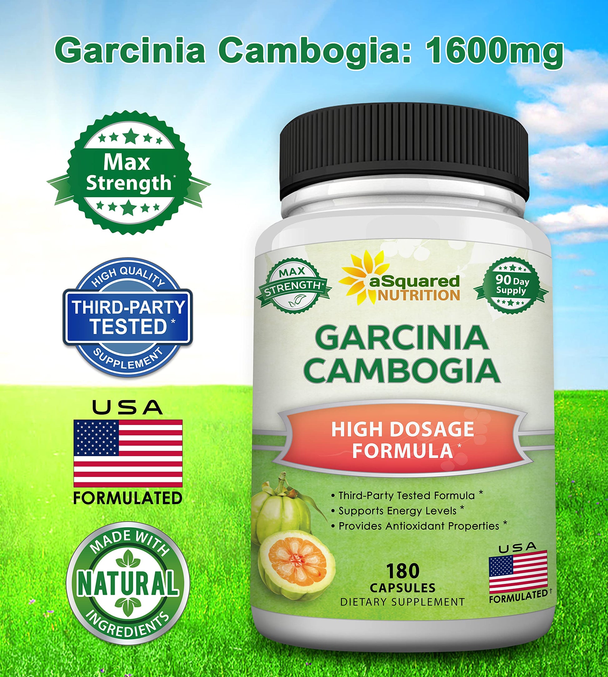 aSquared Nutrition Garcinia Cambogia 1600mg-180 Capsules-Natural Pure Extract Pills aSquared Nutrition