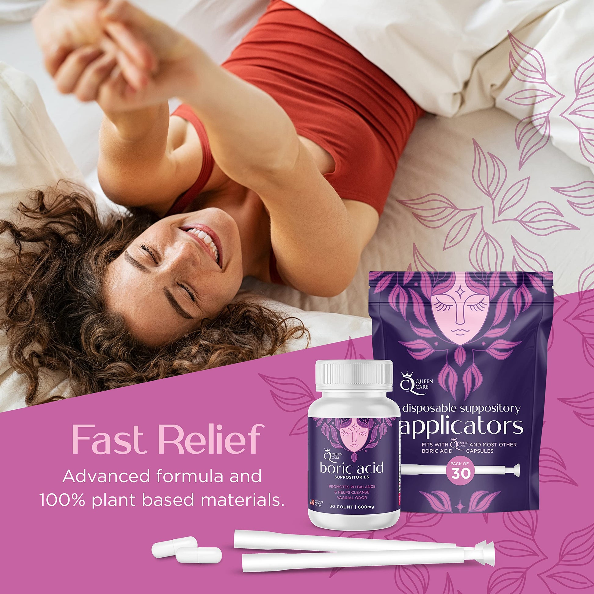 Queen Care - Boric Acid Suppositories & Applicators, Complete Feminine Care, PH Balance for Women Queen Care