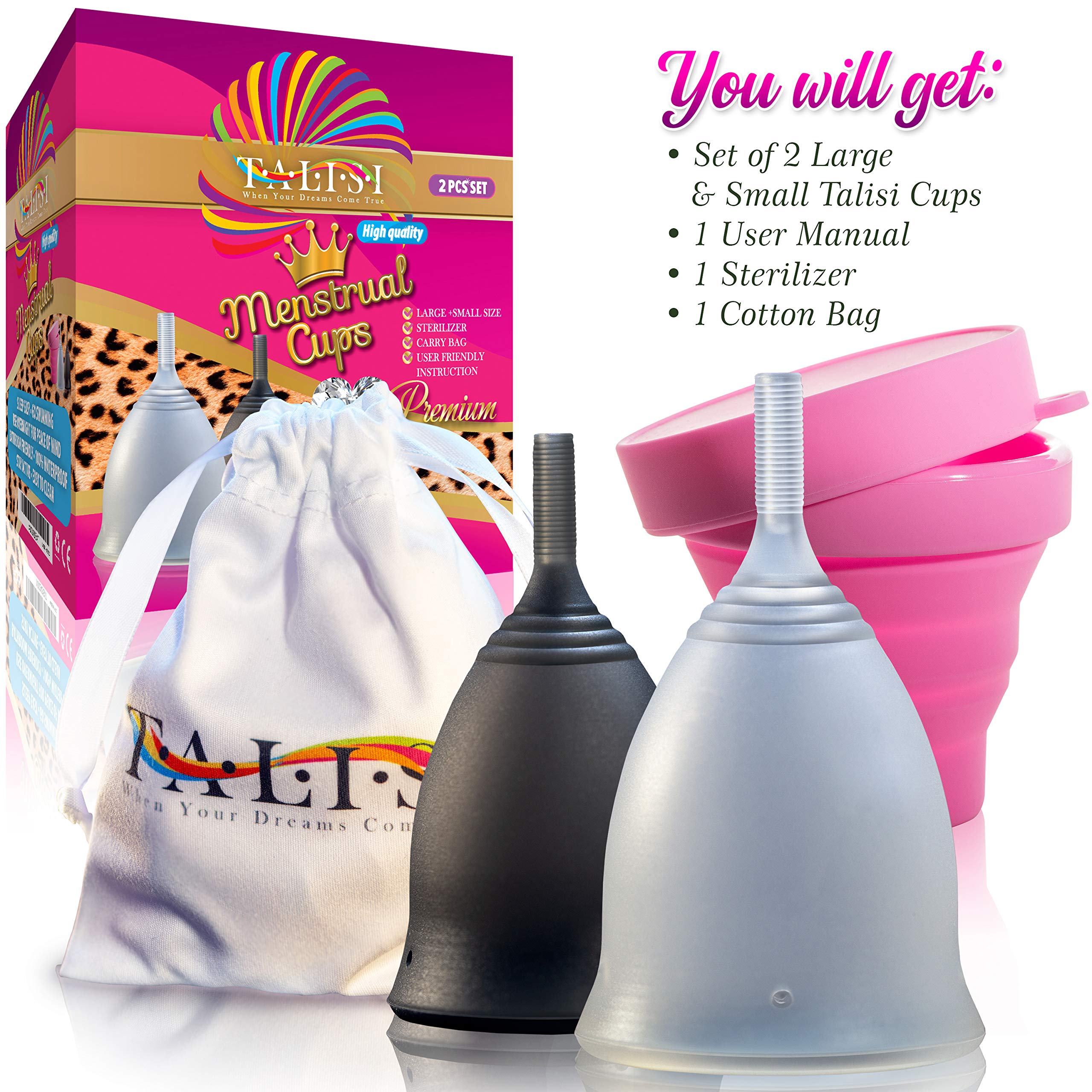 Talisi Soft Menstrual Cups Set of 2 - Reusable Period Cup for Women with Collapsible Case Holder Sterilizer TALISI WHEN YOUR DREAMS COME TRUE