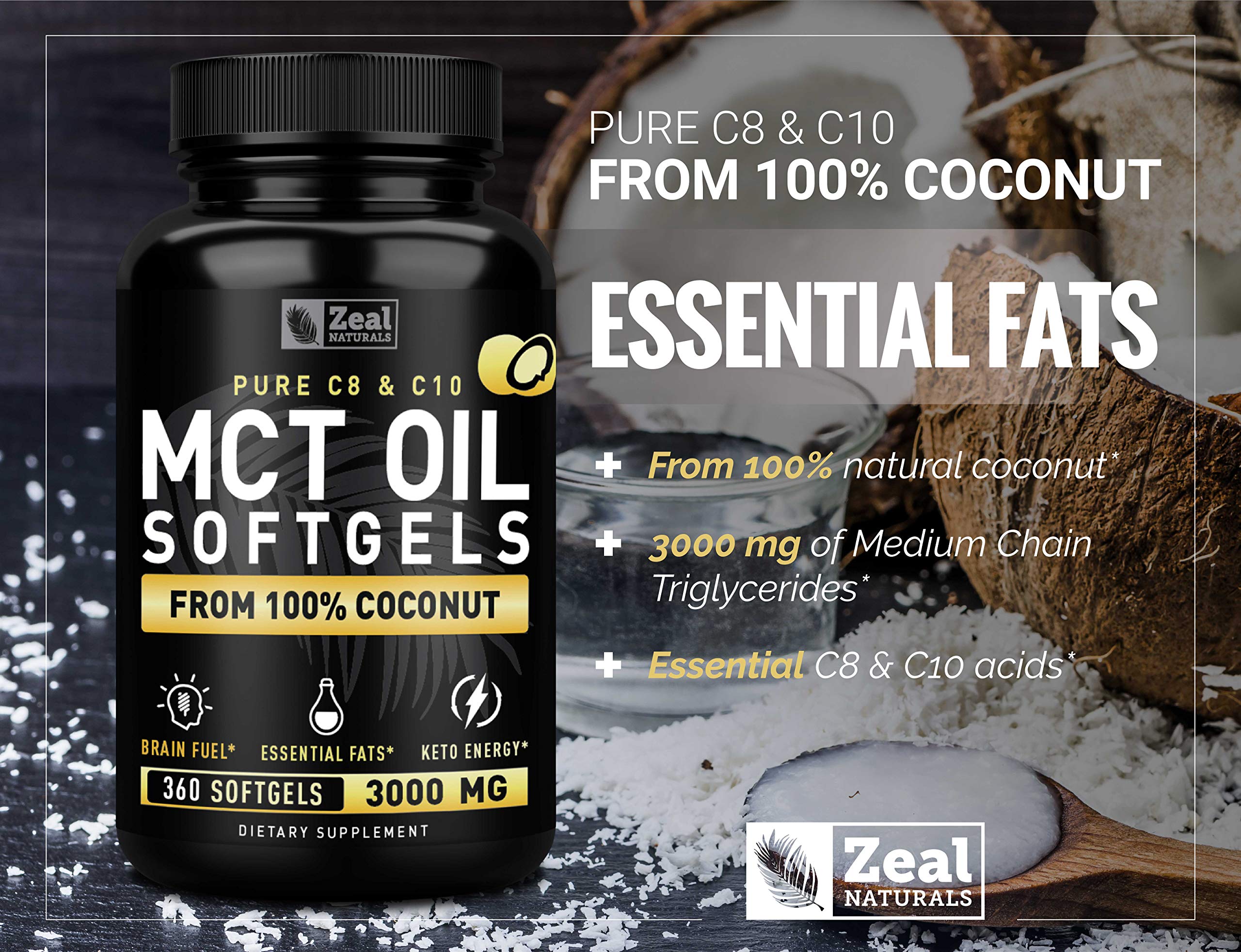 Pure MCT Oil Capsules (360 Softgels | 3000mg) 4 Month Supply Keto Pills w Unrefined Coconut Zeal Naturals