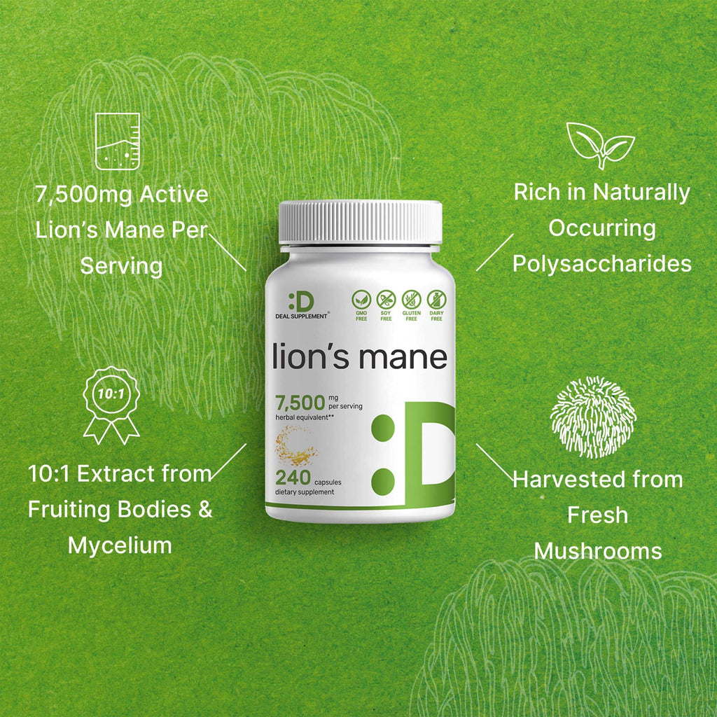 Lions Mane Mushroom Supplement, 7,500mg Per Serving, 240 Capsules – Active Fruiting