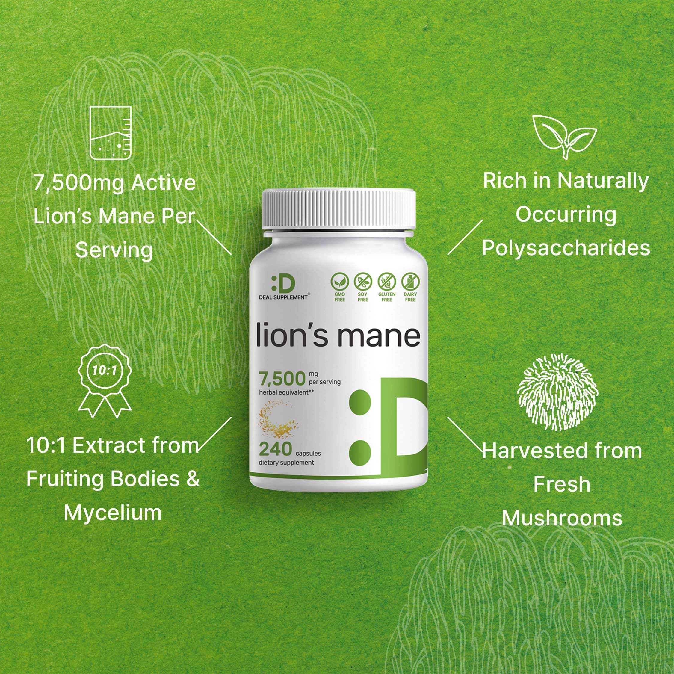 Lions Mane Mushroom Supplement, 7,500mg Per Serving, 240 Capsules – Active Fruiting