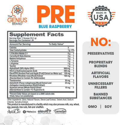 Genius Pre Workout Powder, Blue Raspberry - All-Natural Nootropic Pre-workout & Caffeine