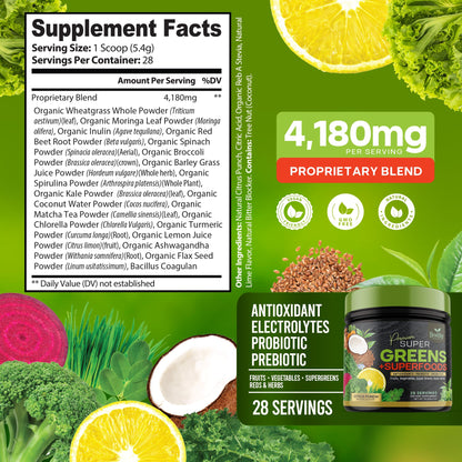 Greens Powder Superfood Supplement - Super Green Reds Smoothie Mix Blend with Spirulina