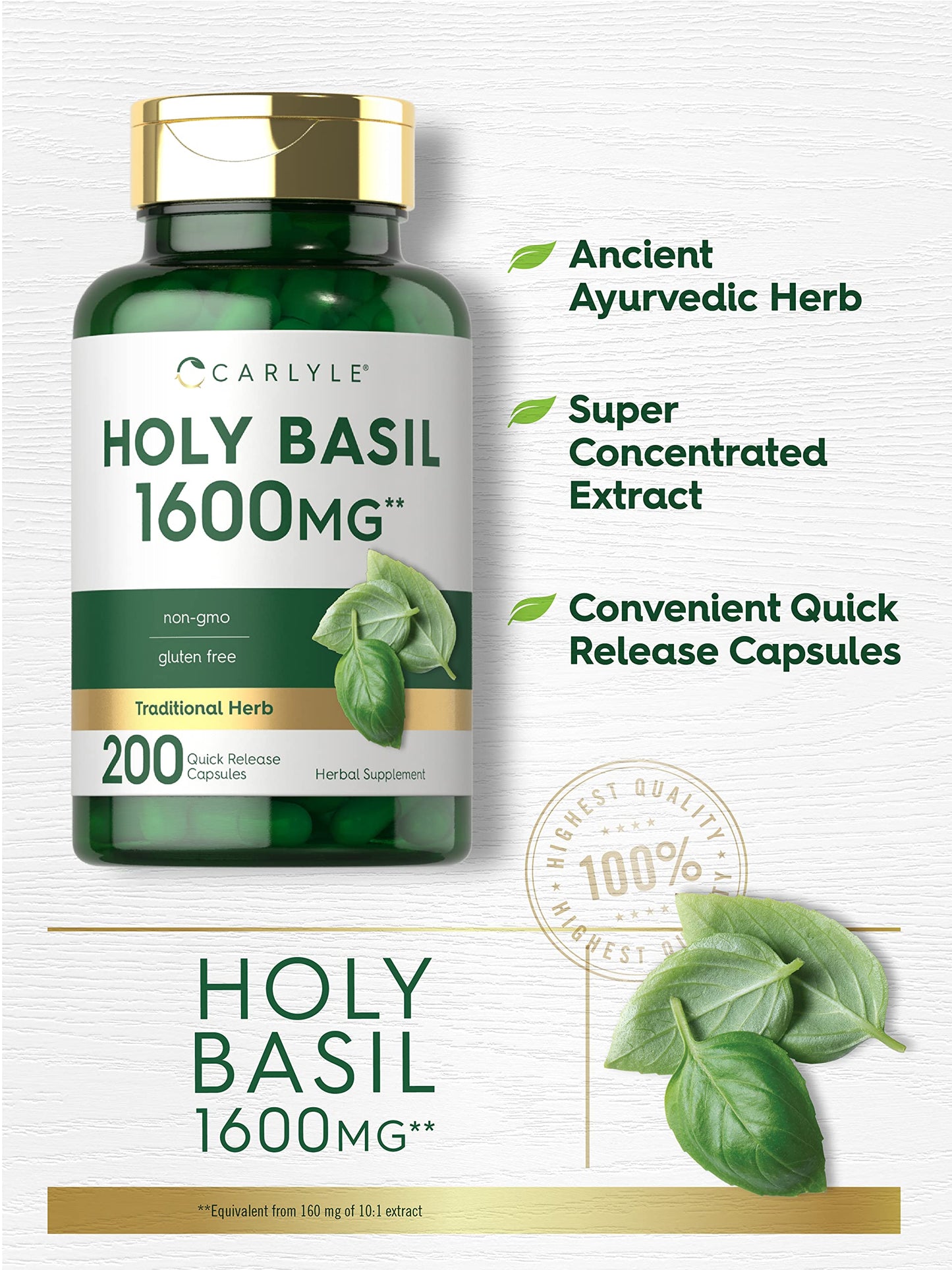 Carlyle Holy Basil Capsules 1600 mg | 200 Count | Tulsi Holy Basil Leaf Extract | Herbal