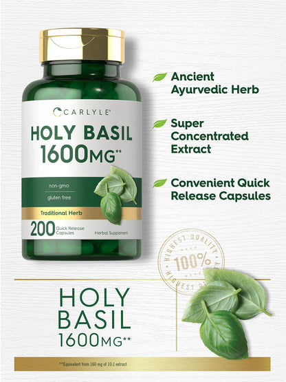 Carlyle Holy Basil Capsules 1600 mg | 200 Count | Tulsi Holy Basil Leaf Extract | Herbal
