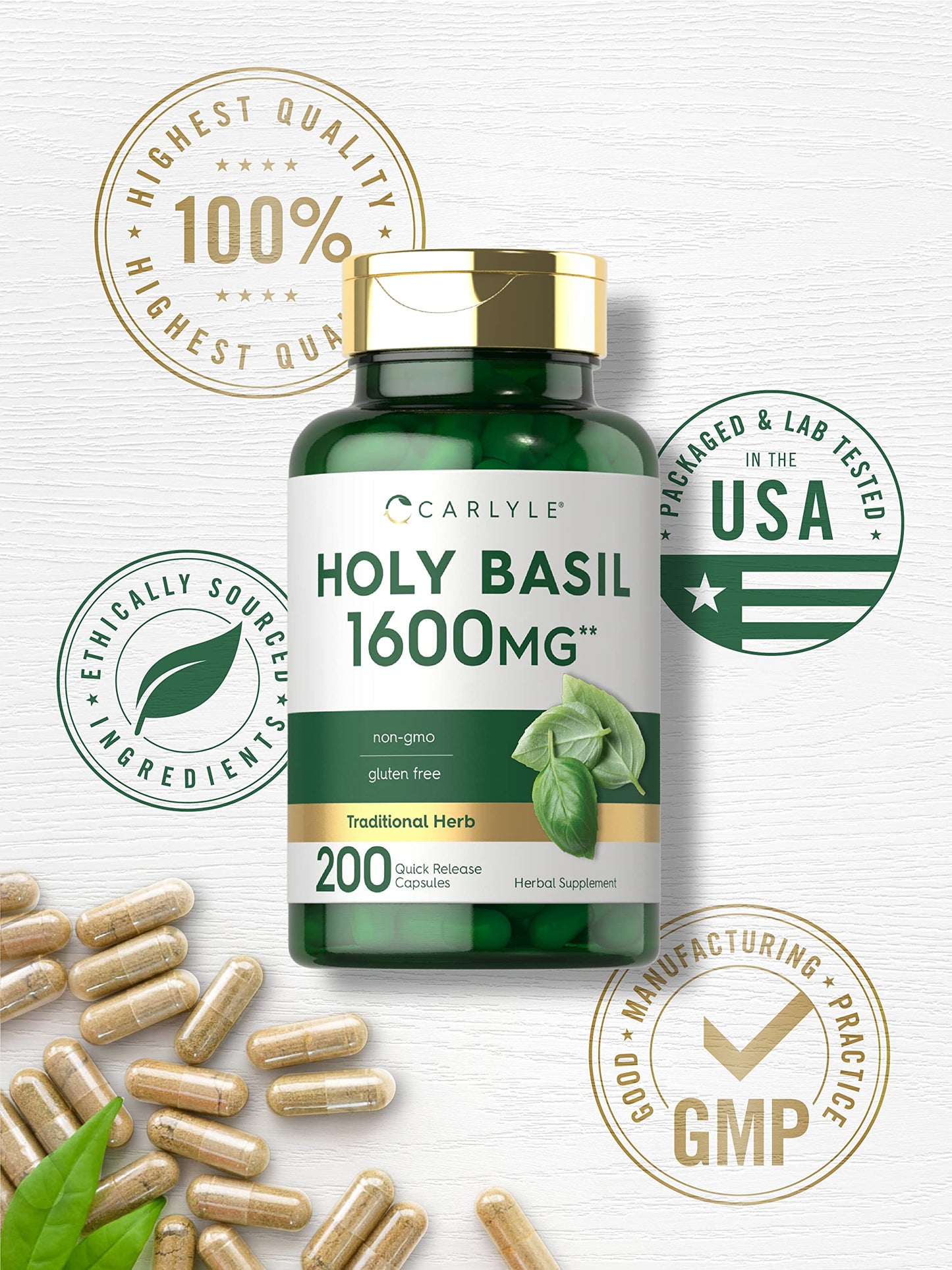 Carlyle Holy Basil Capsules 1600 mg | 200 Count | Tulsi Holy Basil Leaf Extract | Herbal