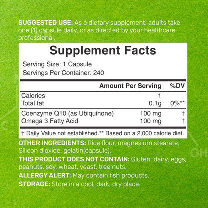 CoQ10 100mg, 240 Capsules – with Omega 3 Fatty Acid 100mg – Bioavailable Coenzyme