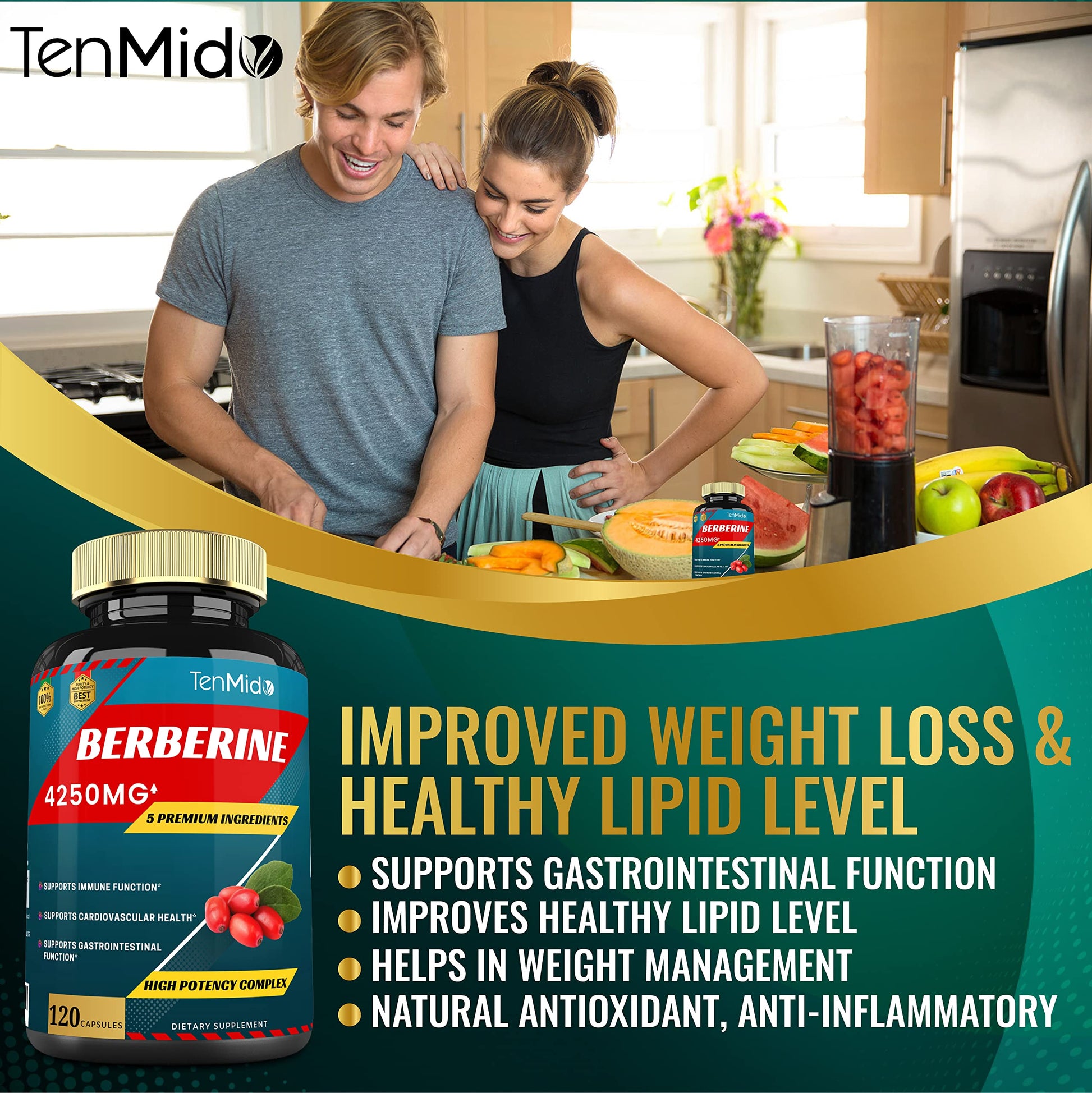 Berberine Extract Capsules 4250mg, 4 Months Supply & Ceylon, Milk Thistle, Turmeric Tenmido