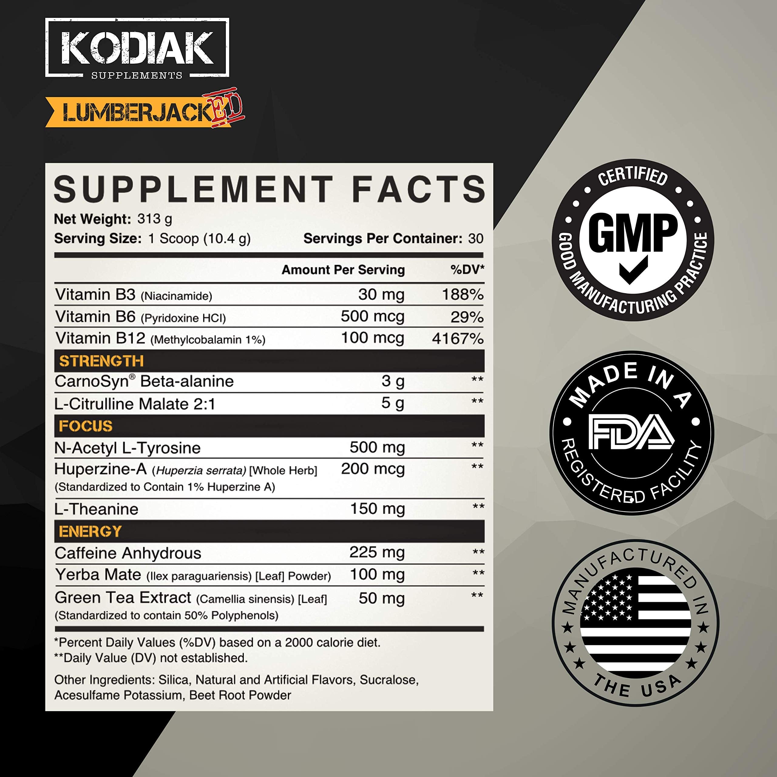 Kodiak Supplements LUMBERJACKED Pre-Workout Supplement with CarnoSyn 30 Servings