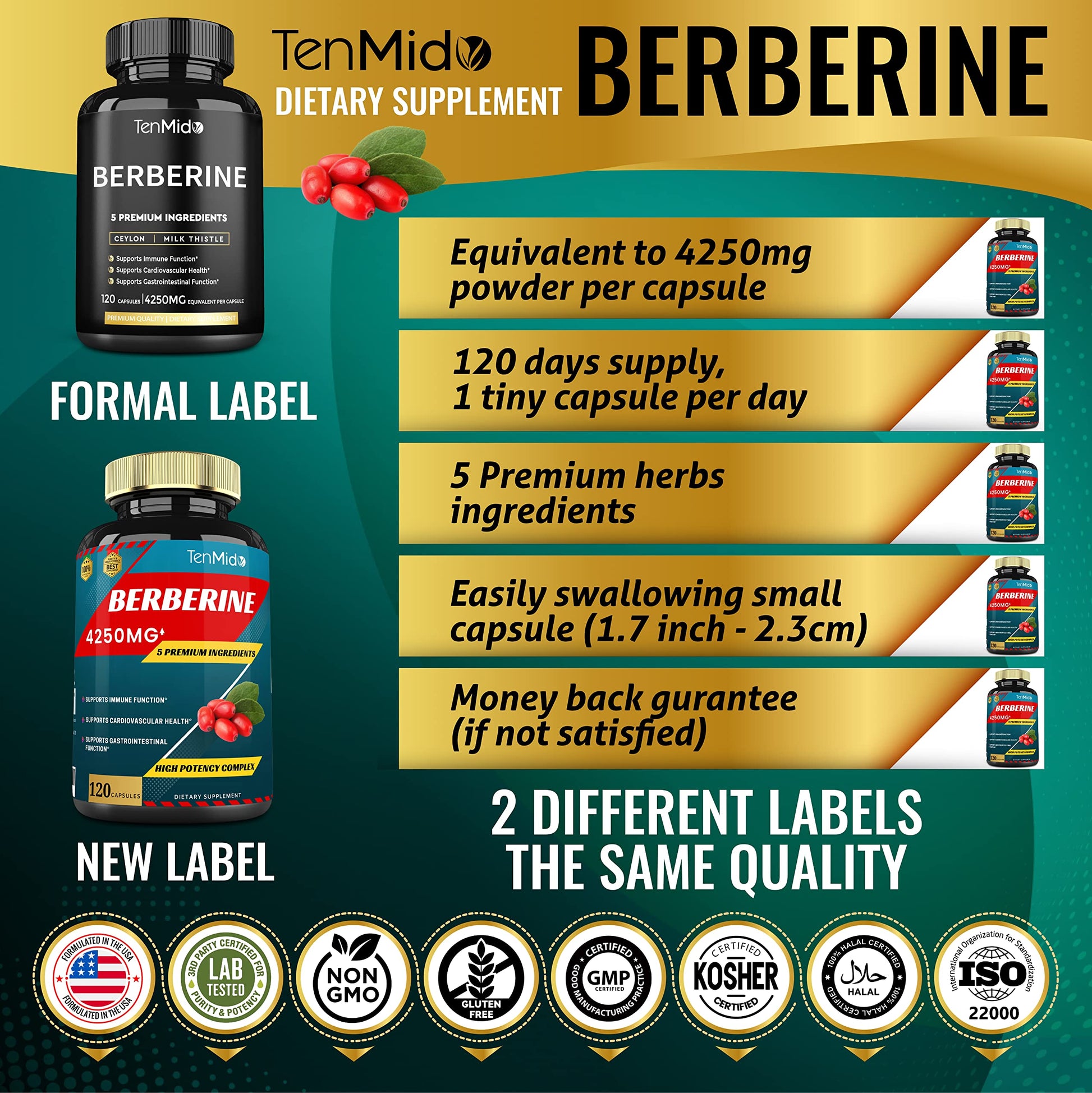 Berberine Extract Capsules 4250mg, 4 Months Supply & Ceylon, Milk Thistle, Turmeric Tenmido