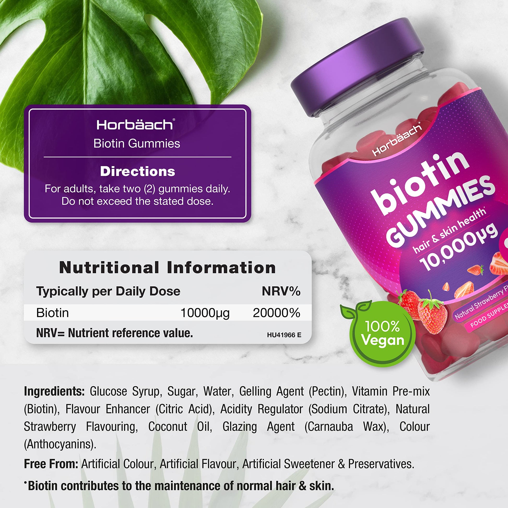 Biotin Gummies 10,000mcg | 90 Vegan Vitamins | Natural Strawberry Flavour Horbäach