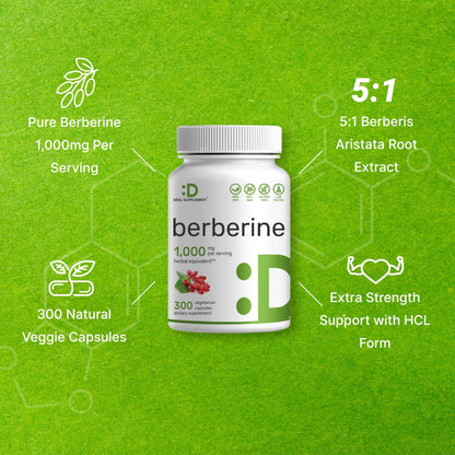 Berberine Supplement, 1,000mg Per Serving, 300 Veggie Capsules – 97% Pure Berberine
