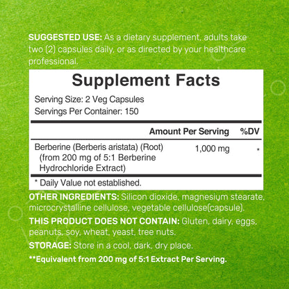 Berberine Supplement, 1,000mg Per Serving, 300 Veggie Capsules – 97% Pure Berberine