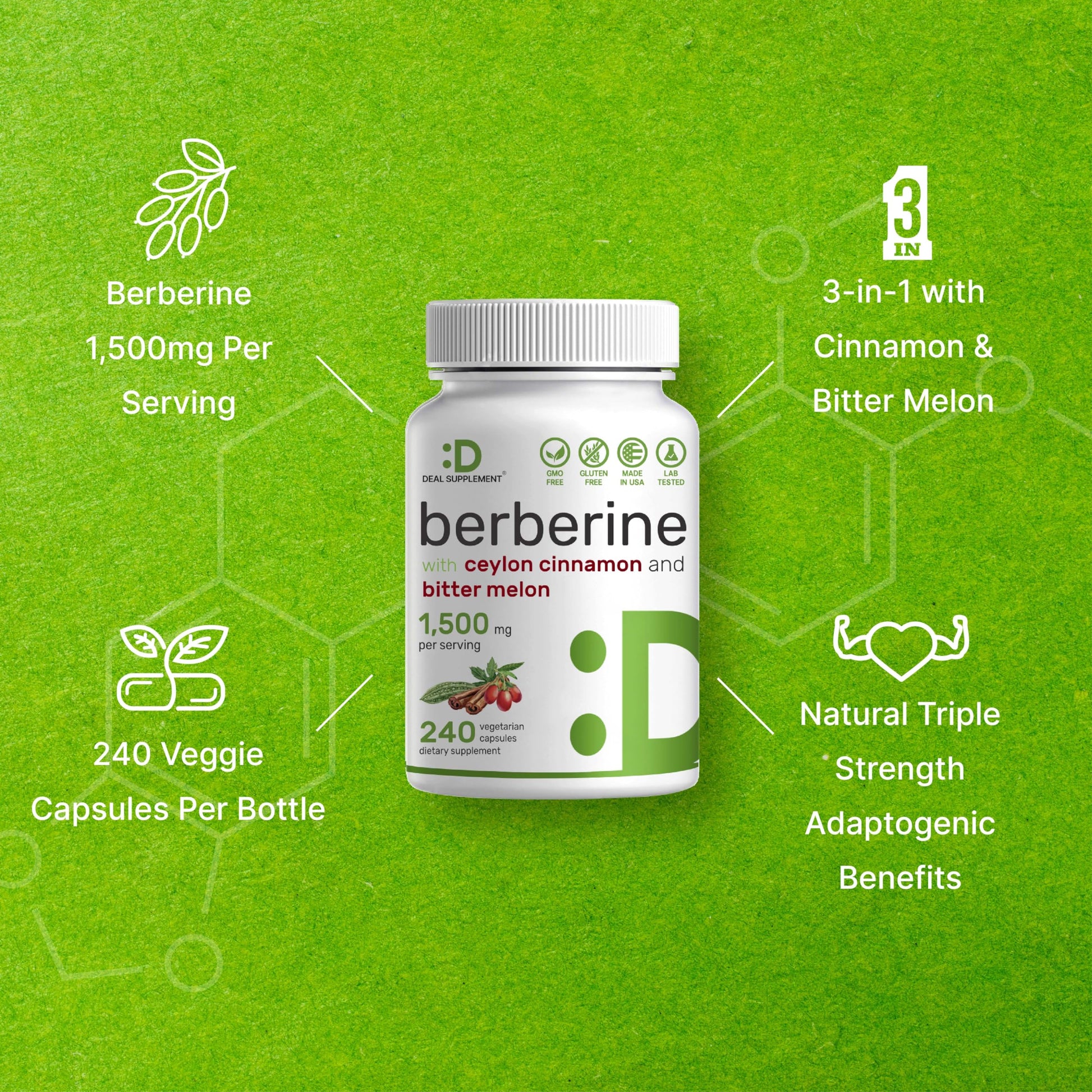 Berberine Supplement 500mg Per Capsule (1500mg Per Serving) | 240 Veggie Capsules DEAL SUPPLEMENT