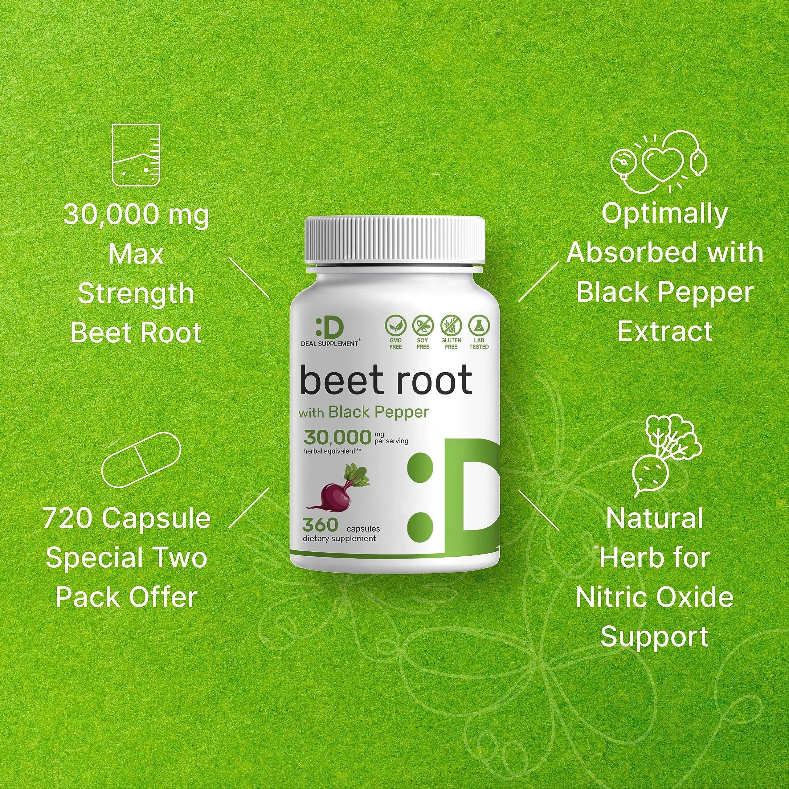 Two Pack Beet Root Capsules 30000mg Per Serving, 720 Counts | with Black Pepper Extract – Enhanced Absorption, Pure Beet Root Powder Source – Nitric Oxide Supplements